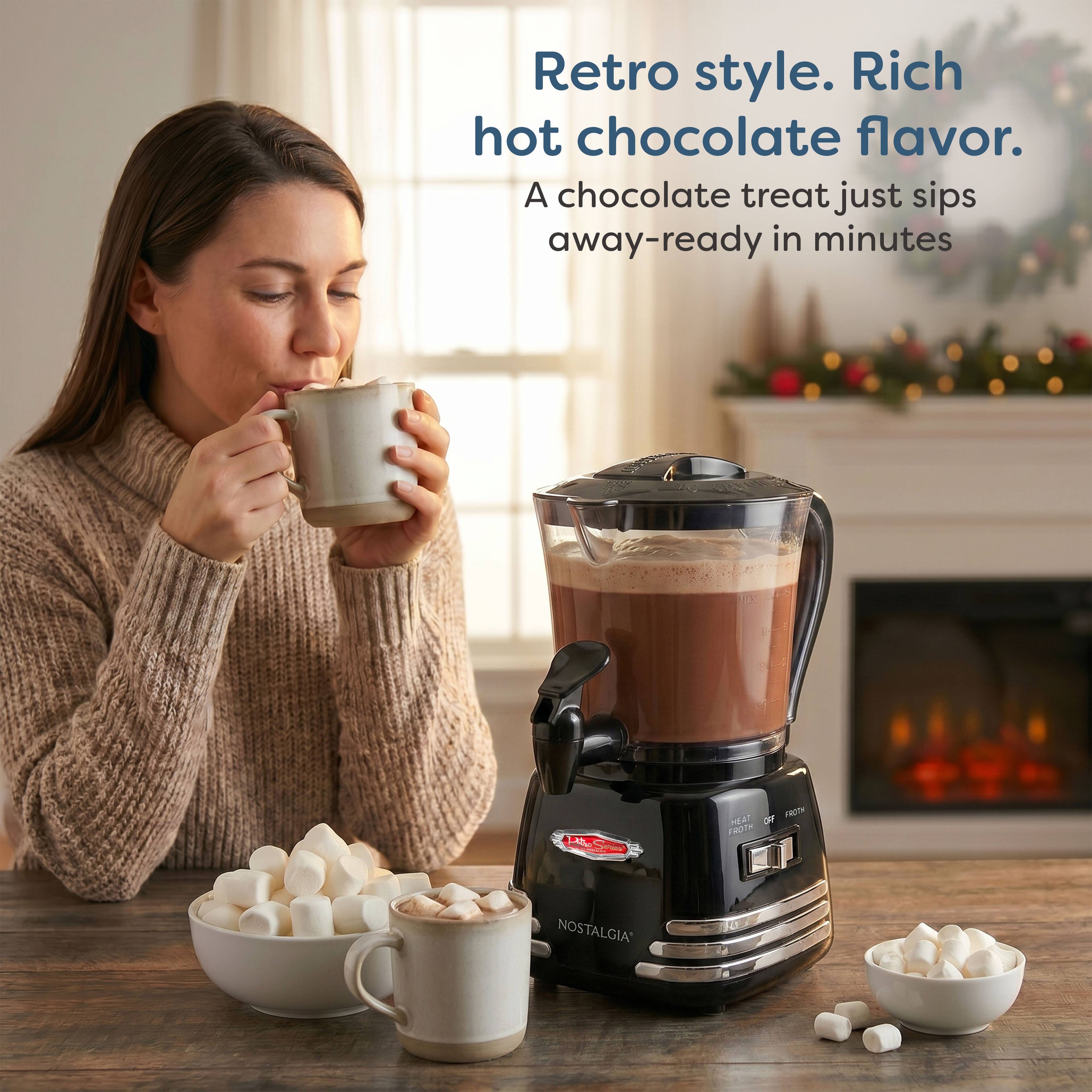 Retro style. Rich hot chocolate flavor. A chocolate treat just sips away-ready in minutes

HEAT OFF FROTH FROTH

NOSTALGIA