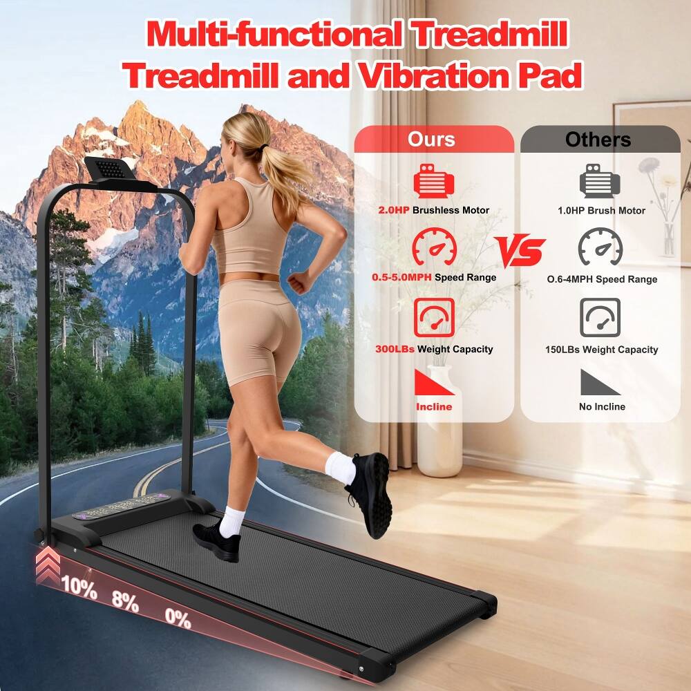 Multi-functional Treadmill Treadmill and Vibration Pad

Ours:
- 2.0HP Brushless Motor
- 0.5-5.0MPH Speed Range
- 300LBs Weight Capacity
- Incline: 10% 8% 0%

Others:
- 1.0HP Brush Motor
- 0.6-4MPH Speed Range
- 150LBs Weight Capacity
- No Incline