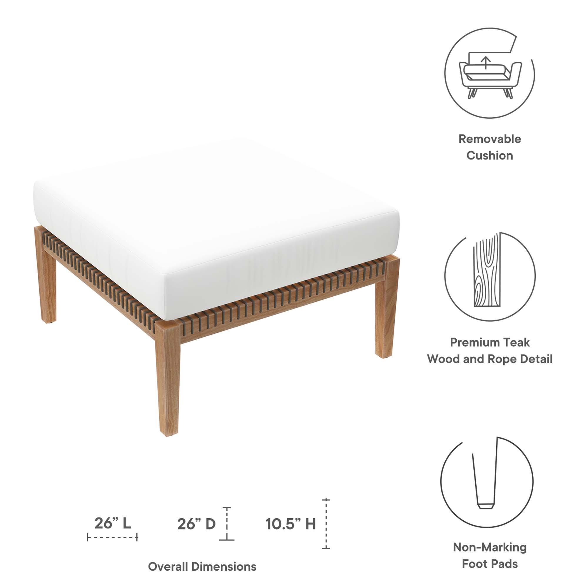 - Removable Cushion
- Premium Teak Wood and Rope Detail
- Overall Dimensions: 26" L x 26" D x 10.5" H
- Non-Marking Foot Pads