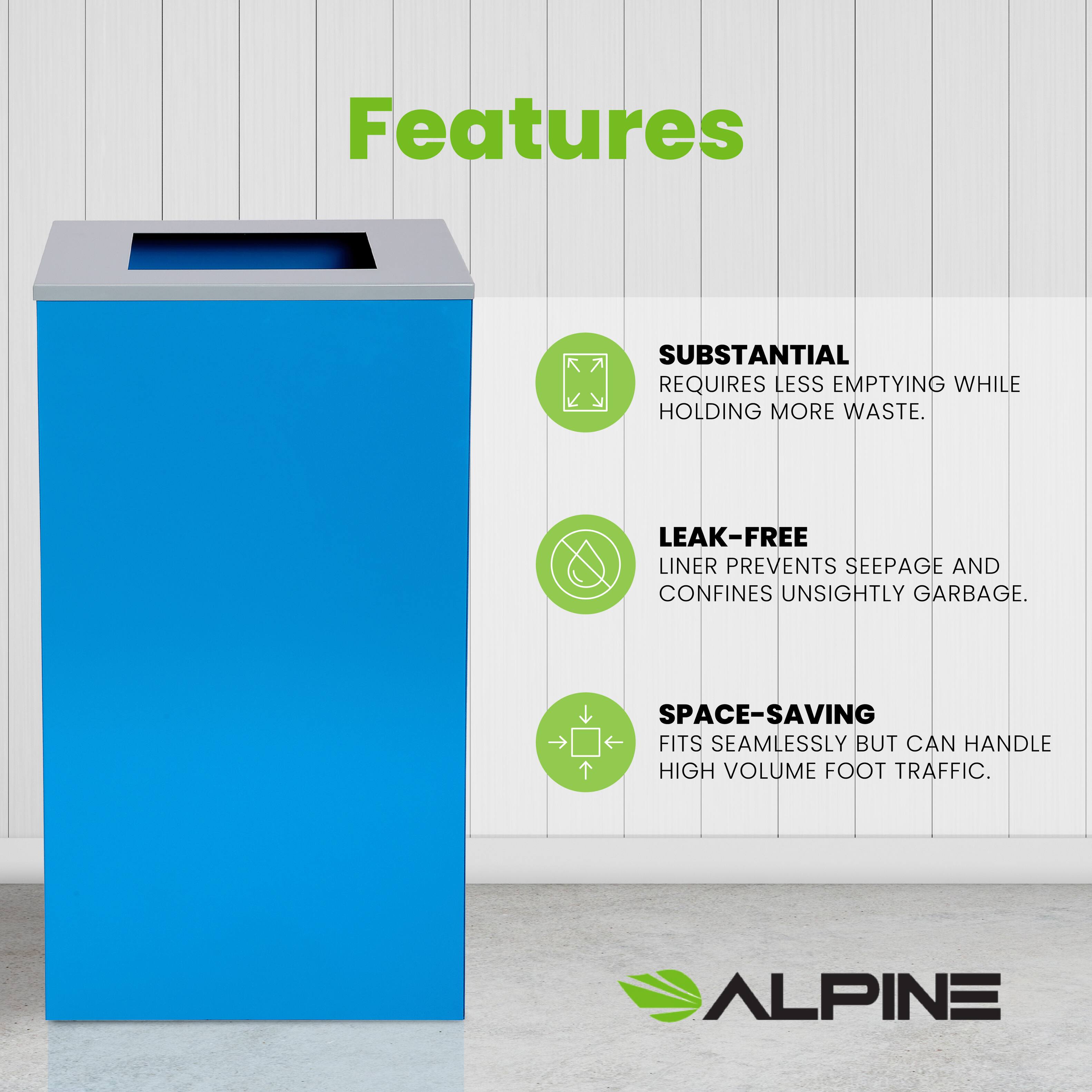 Features

SUBSTANTIAL
REQUIRES LESS EMPTYING WHILE HOLDING MORE WASTE.

LEAK-FREE
LINER PREVENTS SEEPAGE AND CONFINES UNSIGHTLY GARBAGE.

SPACE-SAVING
FITS SEAMLESSLY BUT CAN HANDLE HIGH VOLUME FOOT TRAFFIC.

ALPINE