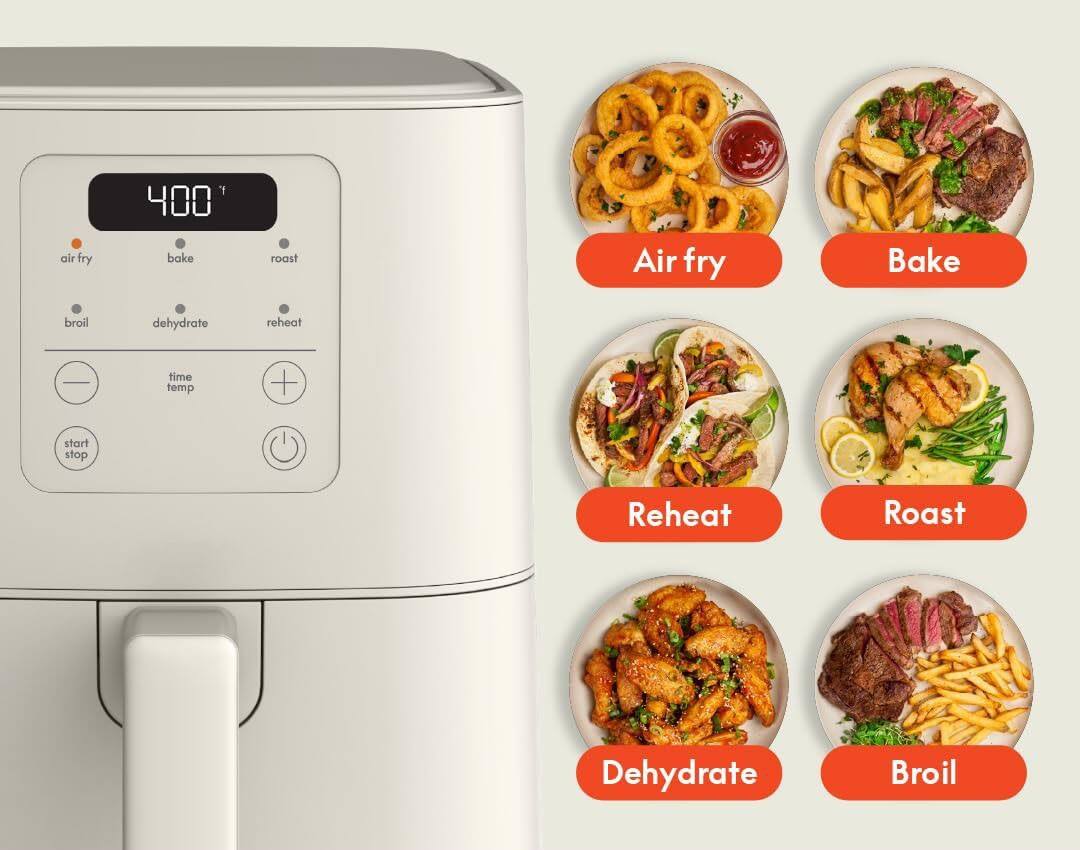 air fry " 400 bake roast Air fry Bake broil dehydrate reheat | time temp + start stop Reheat Roast Dehydrate Broil