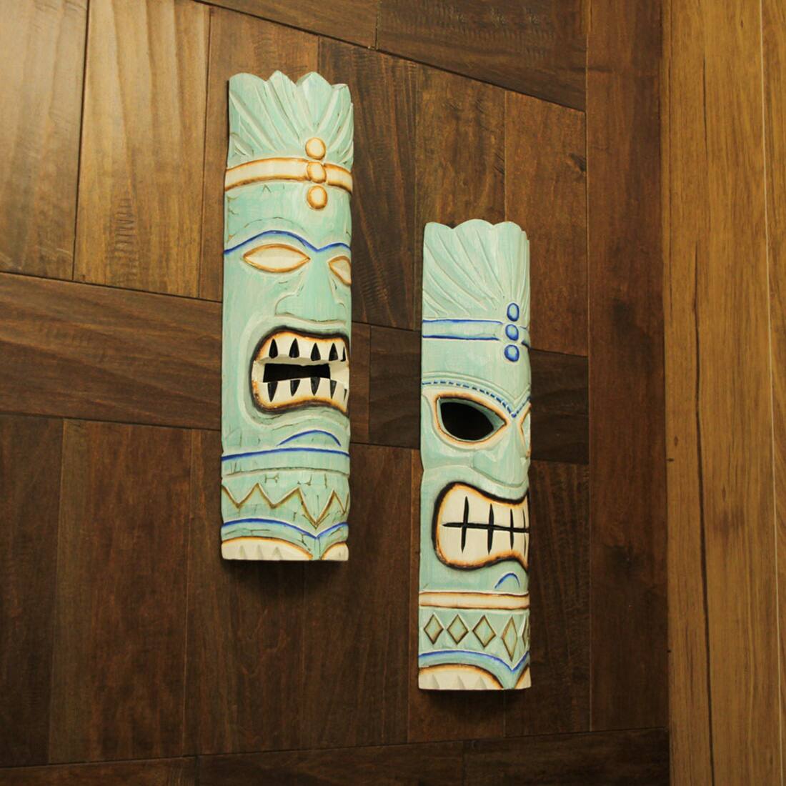 Alt View 4. Things2Die4 - Handcrafted Aqua Blue Traditional Polynesian Style Wooden Tiki Mask Wall Hangings – 20 Inches High - Set of 2 - Blue.