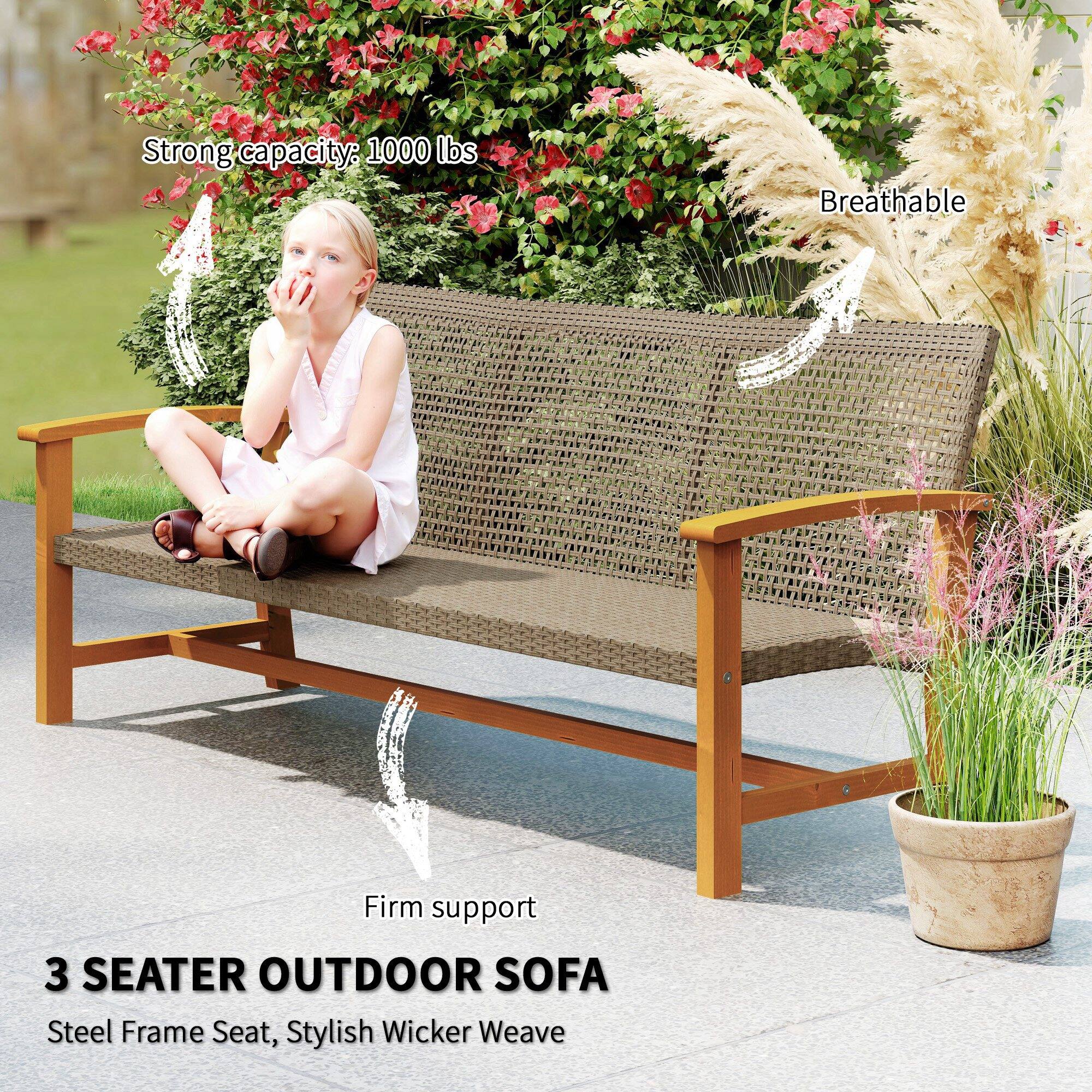 - Strong capacity: 1000 lbs
- Breathable
- Firm support

3 SEATER OUTDOOR SOFA

Steel Frame Seat, Stylish Wicker Weave