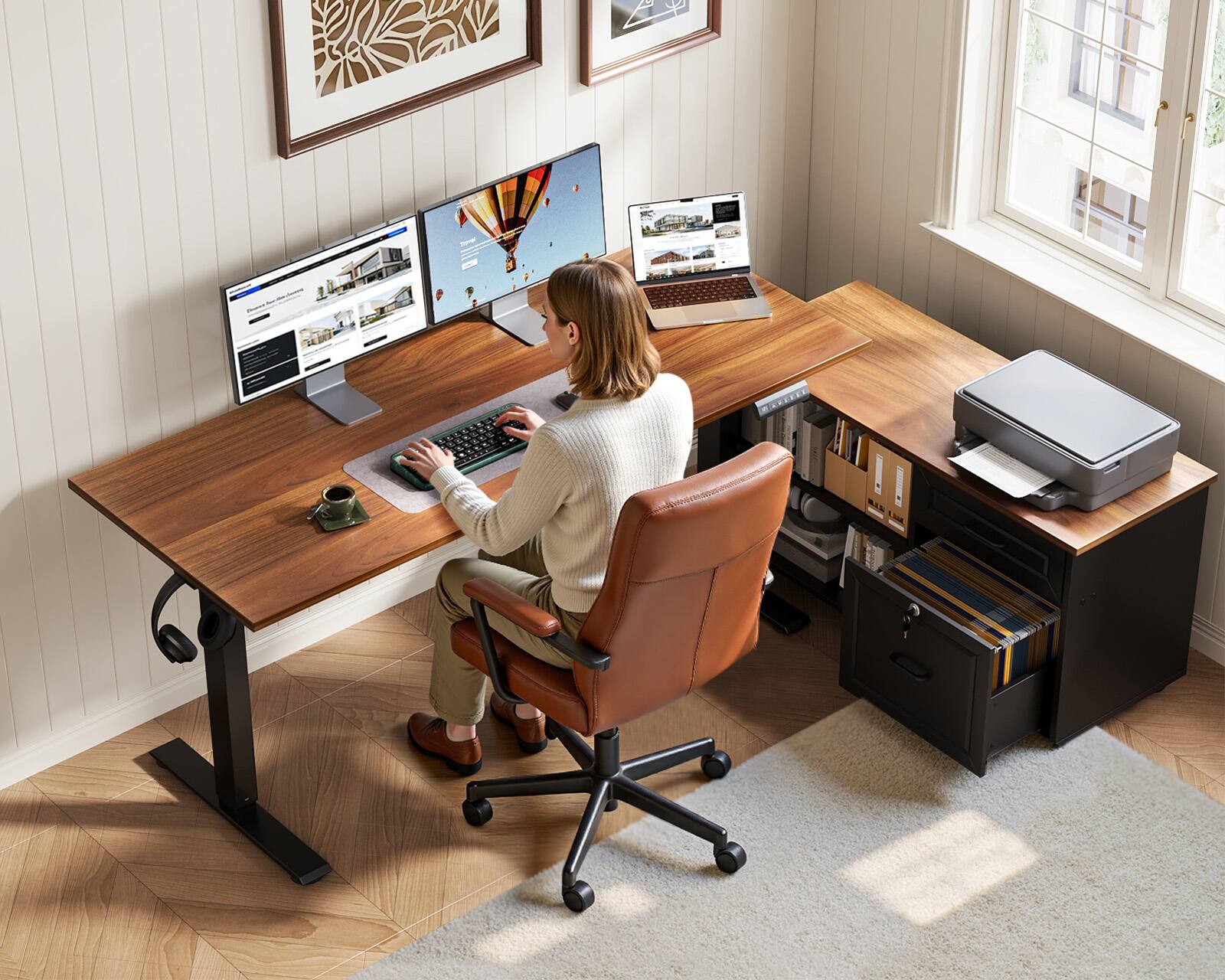 Alt View 2. OffiGo - L Shaped Electric Standing Desk with Drawers & File Cabinet, Height Adjustable Computer Desk for Home Office - Walnut+black.