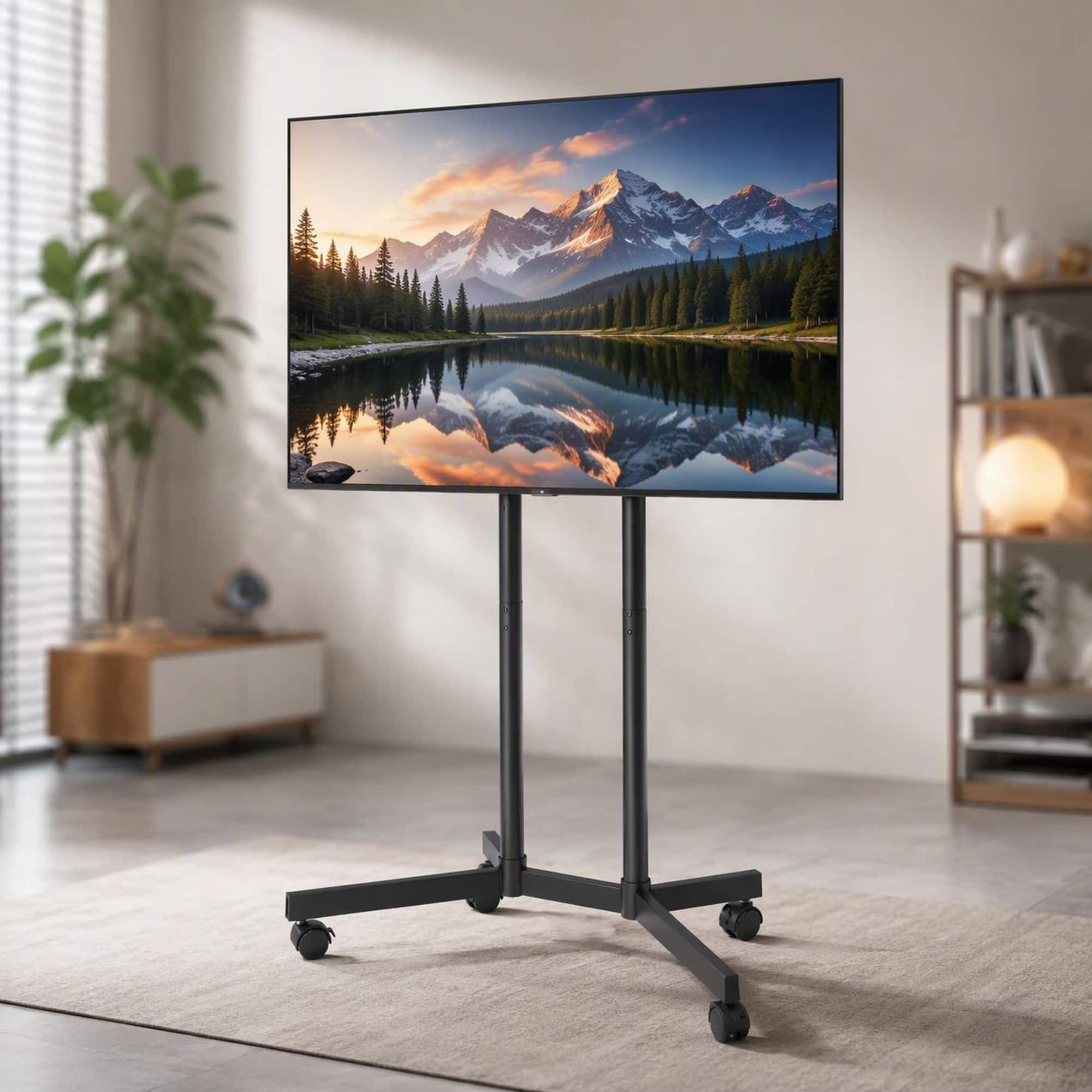 RYHNUYNE - Rolling Mobile TV Cart, Height Adjustable Portable Monitor Stand For 32-65 Inch Screens - Black