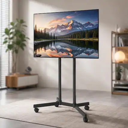 Front. RYHNUYNE - Rolling Mobile TV Cart, Height Adjustable Portable Monitor Stand For 32-65 Inch Screens - Black.