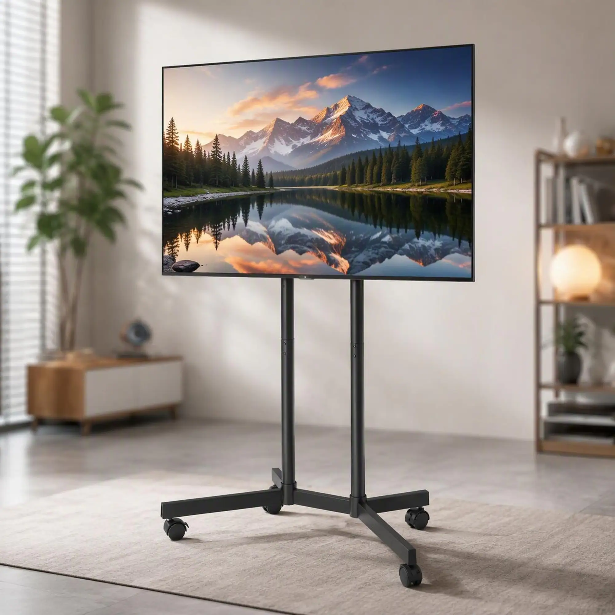Front. RYHNUYNE - Rolling Mobile TV Cart, Height Adjustable Portable Monitor Stand For 32-65 Inch Screens - Black.