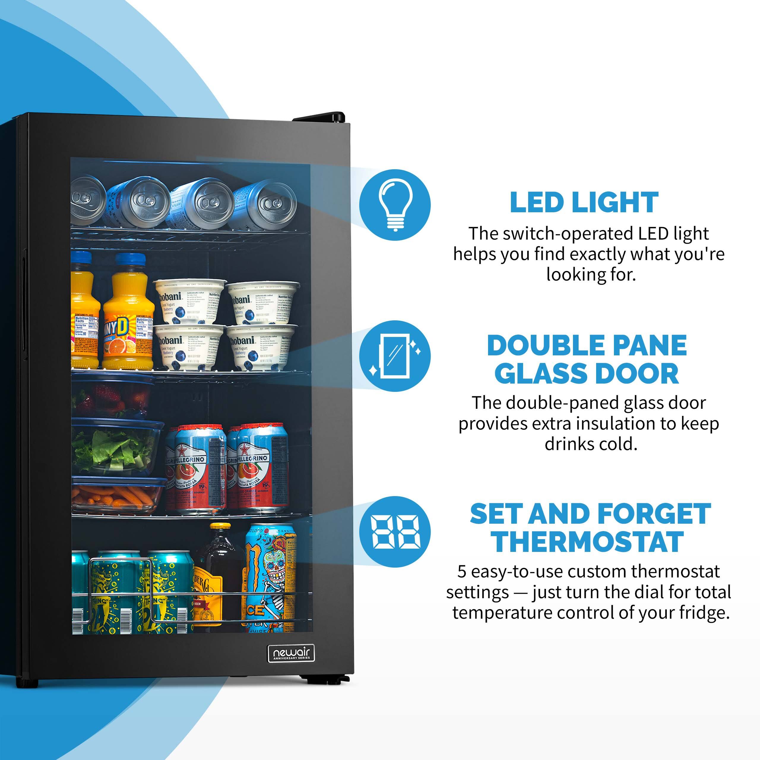 **LED LIGHT**  
The switch-operated LED light helps you find exactly what you're looking for.

**DOUBLE PANE GLASS DOOR**  
The double-paned glass door provides extra insulation to keep drinks cold.

**SET AND FORGET THERMOSTAT**  
5 easy-to-use custom thermostat settings — just turn the dial for total temperature control of your fridge.