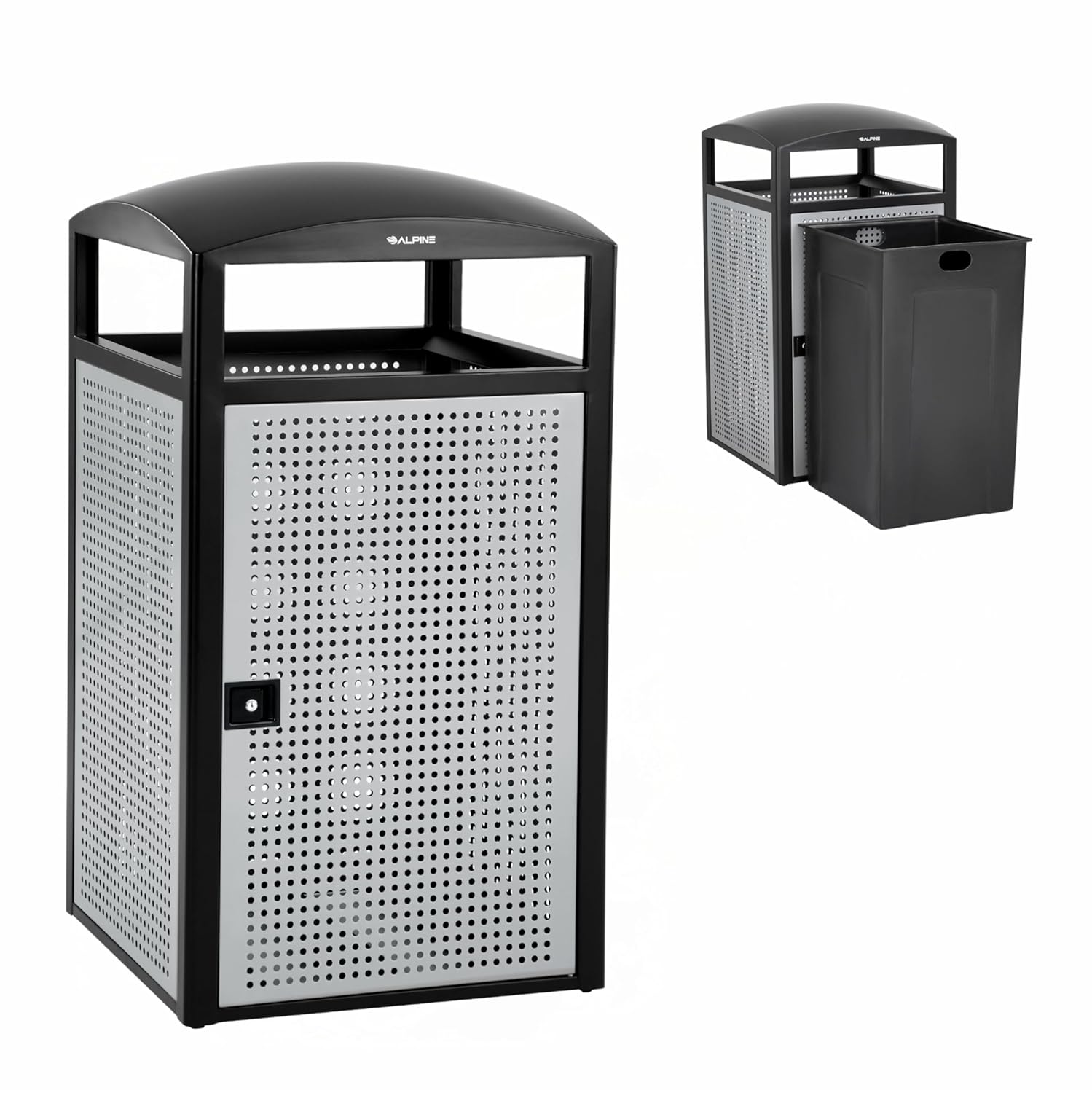 Front. Alpine Industries - Steel 55 Gallon Outdoor Trash Can with Access Door - Silver.