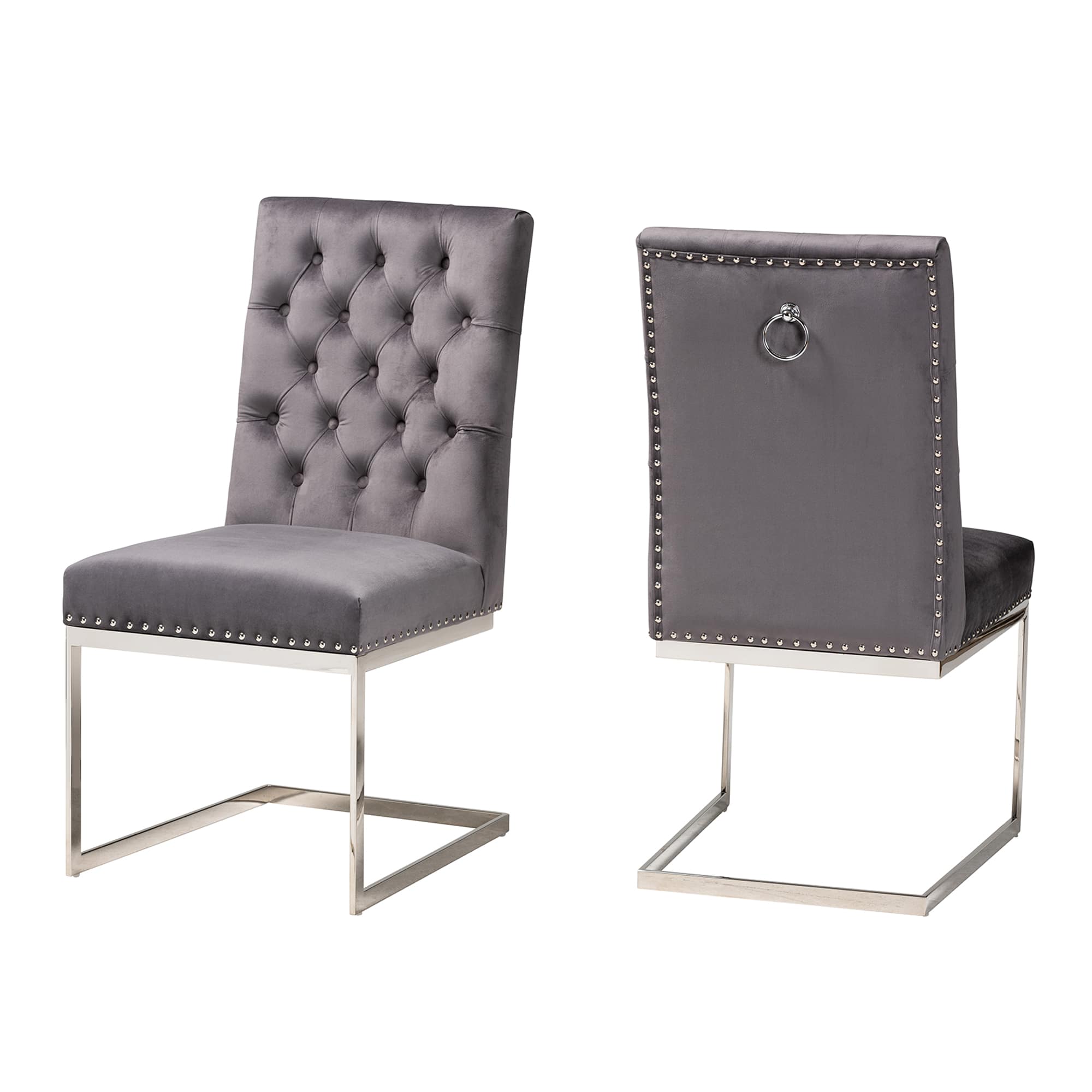 Baxton Studio - Sherine Contemporary Glam and Luxe Velvet Fabric and Silver Metal 2-Piece Dining Chair Set - Grey/Silver