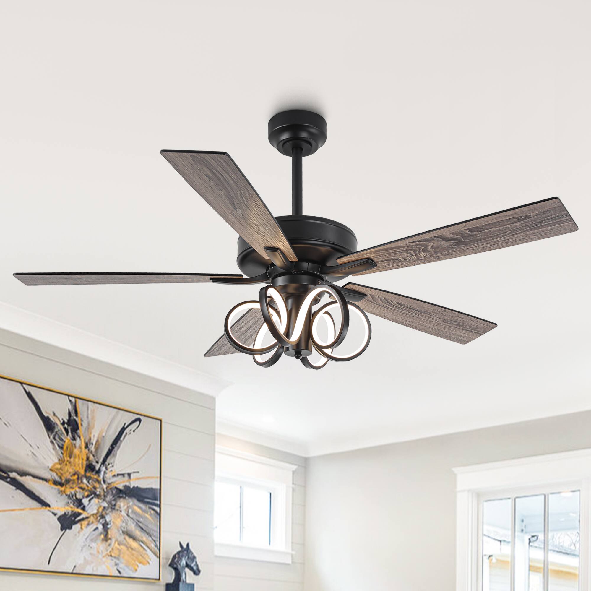 Alt View 1. Parrot Uncle - 52-inch Modern Black Indoor LED Ceiling Fan with Remote Control - Black.