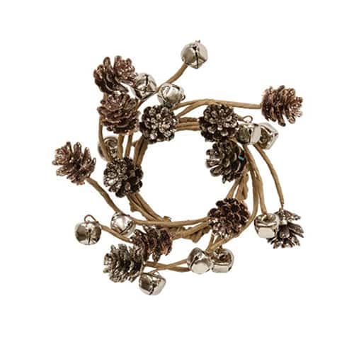BreeBe - Icy Pinecone & Sleigh Bells Candle Ring - 2" - Brown, Silver