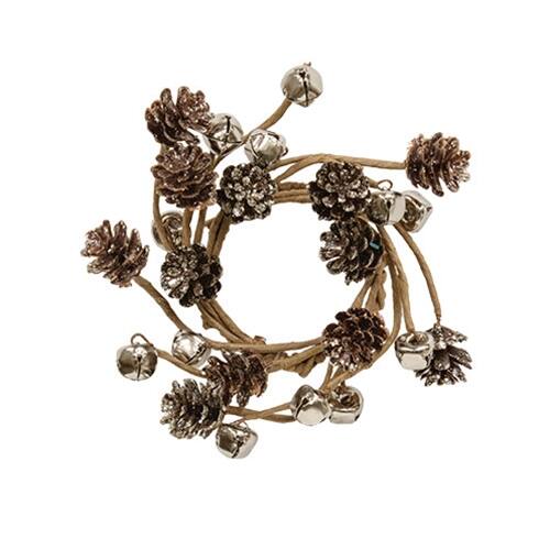 Front. BreeBe - Icy Pinecone & Sleigh Bells Candle Ring - 2" - Brown, Silver.