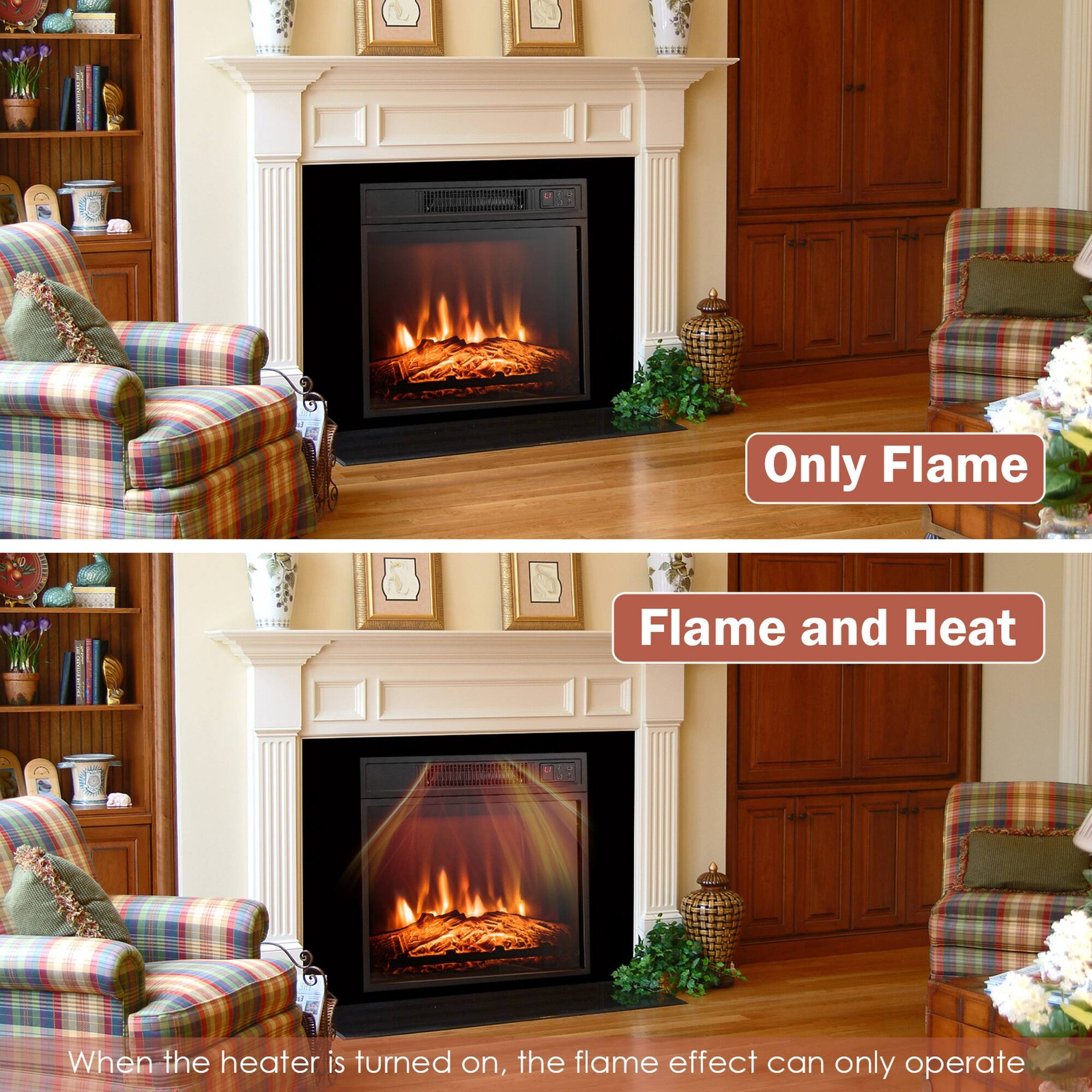 Only Flame

Flame and Heat

When the heater is turned on, the flame effect can only operate
