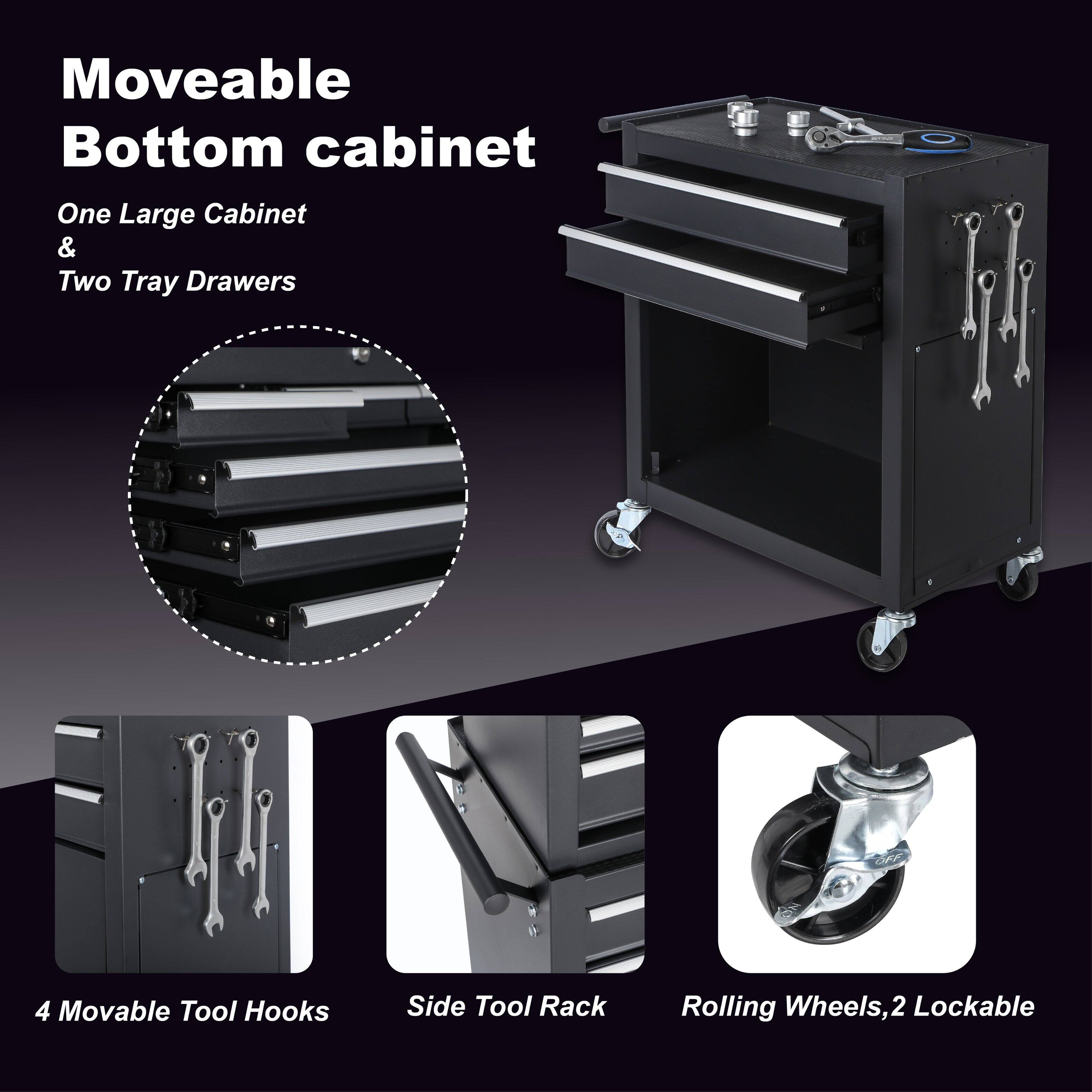 Moveable Bottom cabinet
One Large Cabinet & Two Tray Drawers
4 Movable Tool Hooks
Side Tool Rack
Rolling Wheels, 2 Lockable