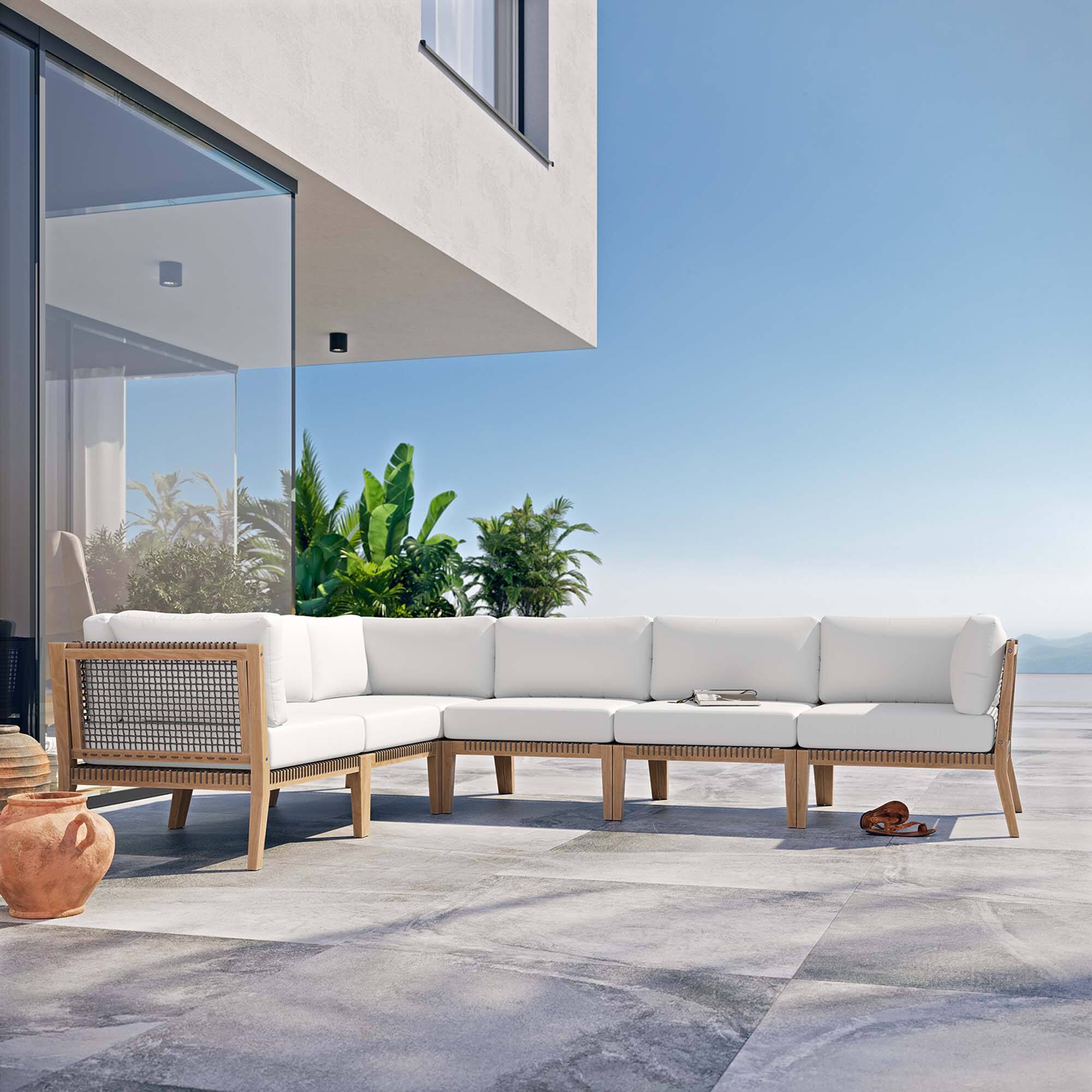 Alt View 6. Modway - Clearwater 6-Piece Outdoor Patio Teak Wood Sectional Sofa by Modway - Gray White.