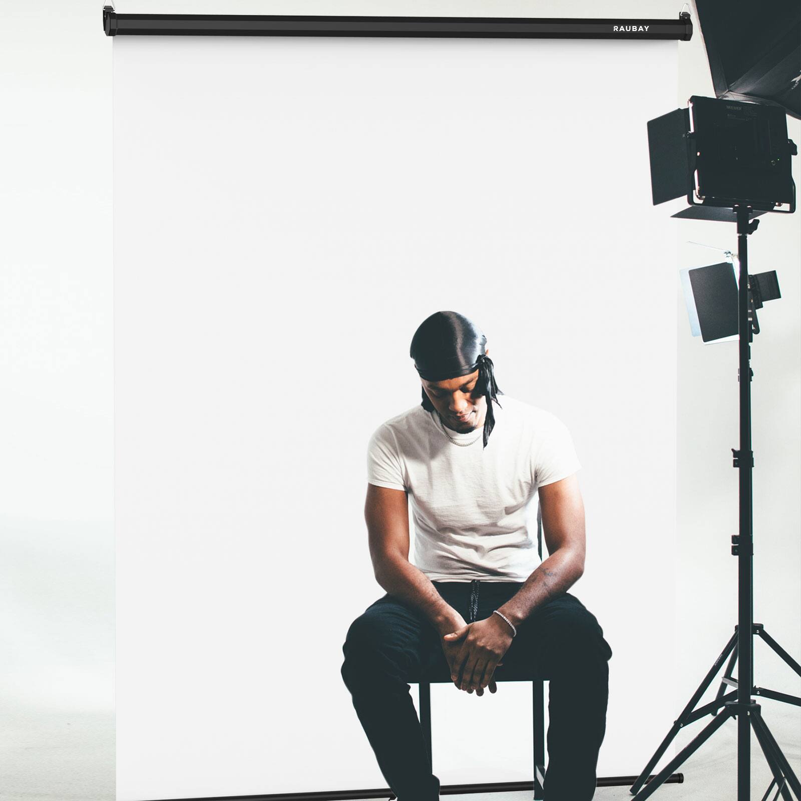 Alt View 2. RAUBAY - 5′ x 7.2′ Pull Down White Screen Backdrop Retractable Collapsible Wall-Mount Background - White.