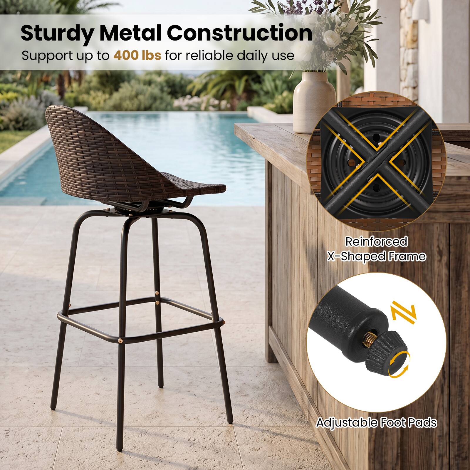 Sturdy Metal Construction  
Support up to 400 lbs for reliable daily use  
Reinforced X-shaped Frame  
Adjustable Foot Pads