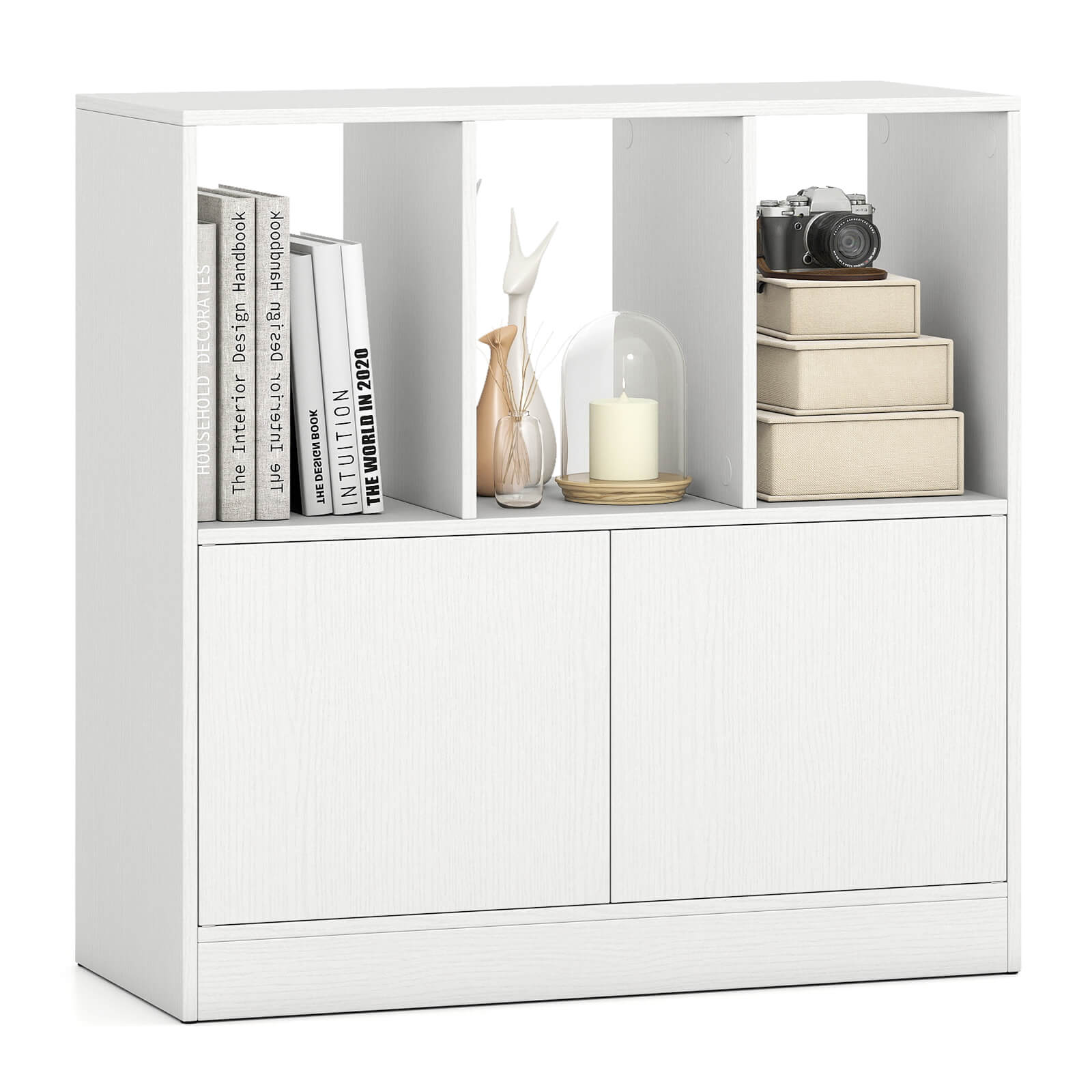 Costway - 1 PCS Cube Bookcase with Doors, Open Compartments & Cabinet, Modern Display Shelf - White