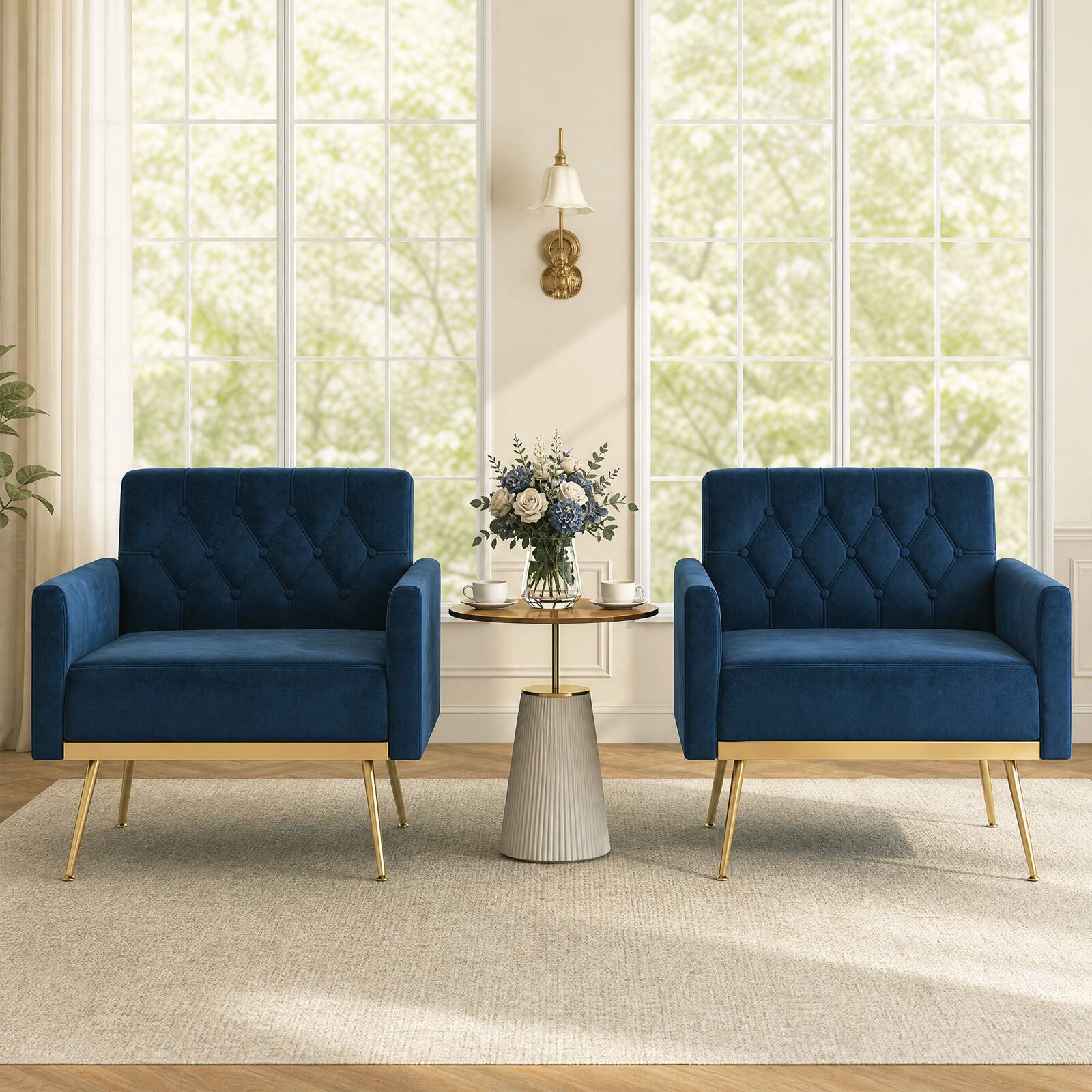 Alt View 3. Costway - Costway Mid-century Upholstered Accent Chair with Button Tufted Back, Golden Metal Legs - Blue.