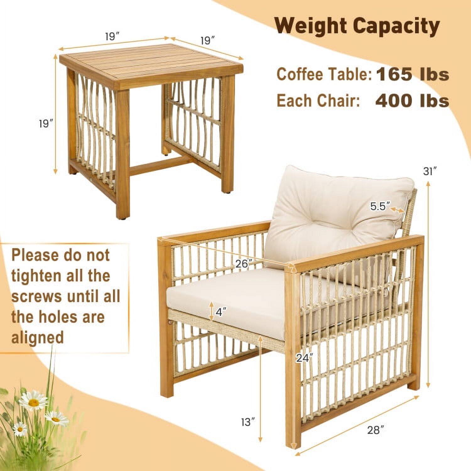 19" x 19" x 19" Coffee Table: 165 lbs  
Each Chair: 400 lbs  

31" x 26" x 24" x 13" x 28"  

Please do not tighten all the screws until all the holes are aligned.
