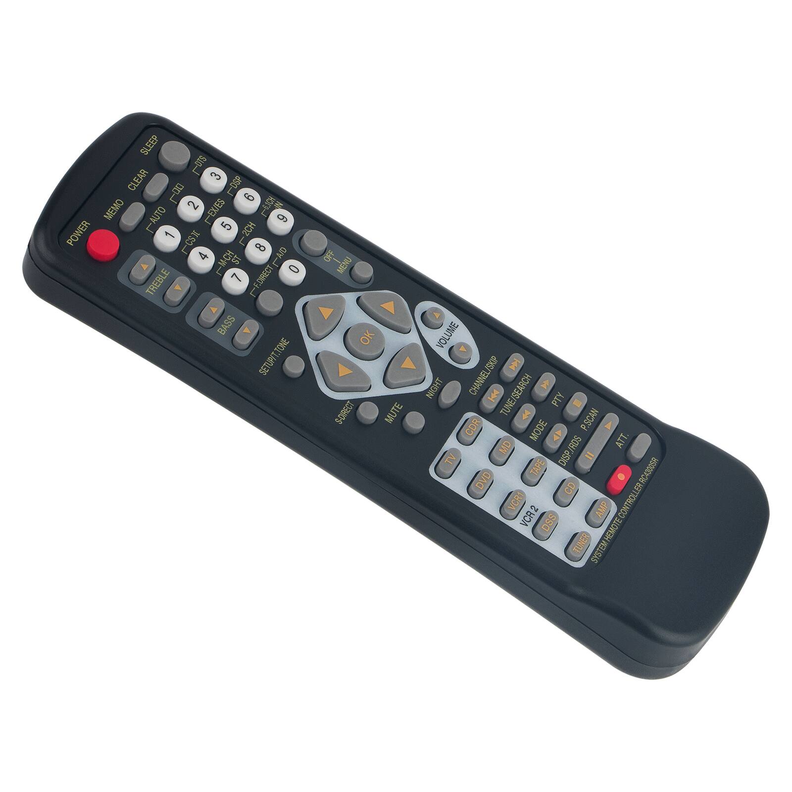 Sure, here is the corrected and grouped text from the image:

---

**Top Section:**

- SLEEP
- CLEAR
- LOP
- 3
- MEMO
- 2
- 9
- POWER
- 1
- 1.5-4
- 4
- 8
- P
- ST
- 0
- TREBLE
- 7
- F.ORECT
- 4
- BASS
- SETURIT.TONE
- OFF
- MENU
- OK
- SORECT
- MUTE
- VOLUME
- E
- NIGHT
- CHANNEL/SKIP
- TUNE/SEARCH
- PTY
- P.SCAN
- CDR
- MODE
- MD
- ATT.
- TV
- TAPE
- DISC
- DVD
- RCK300SA
- CD
- VCR1
- 2
- SYSTEM
- REMOTE CONTROLLER
- ACASOOSA
- AMP
- VCR2
- DSS
- REMOTE
- TUNER
- SYSTEM

**Bottom Section:**

- TV
- VCR
-