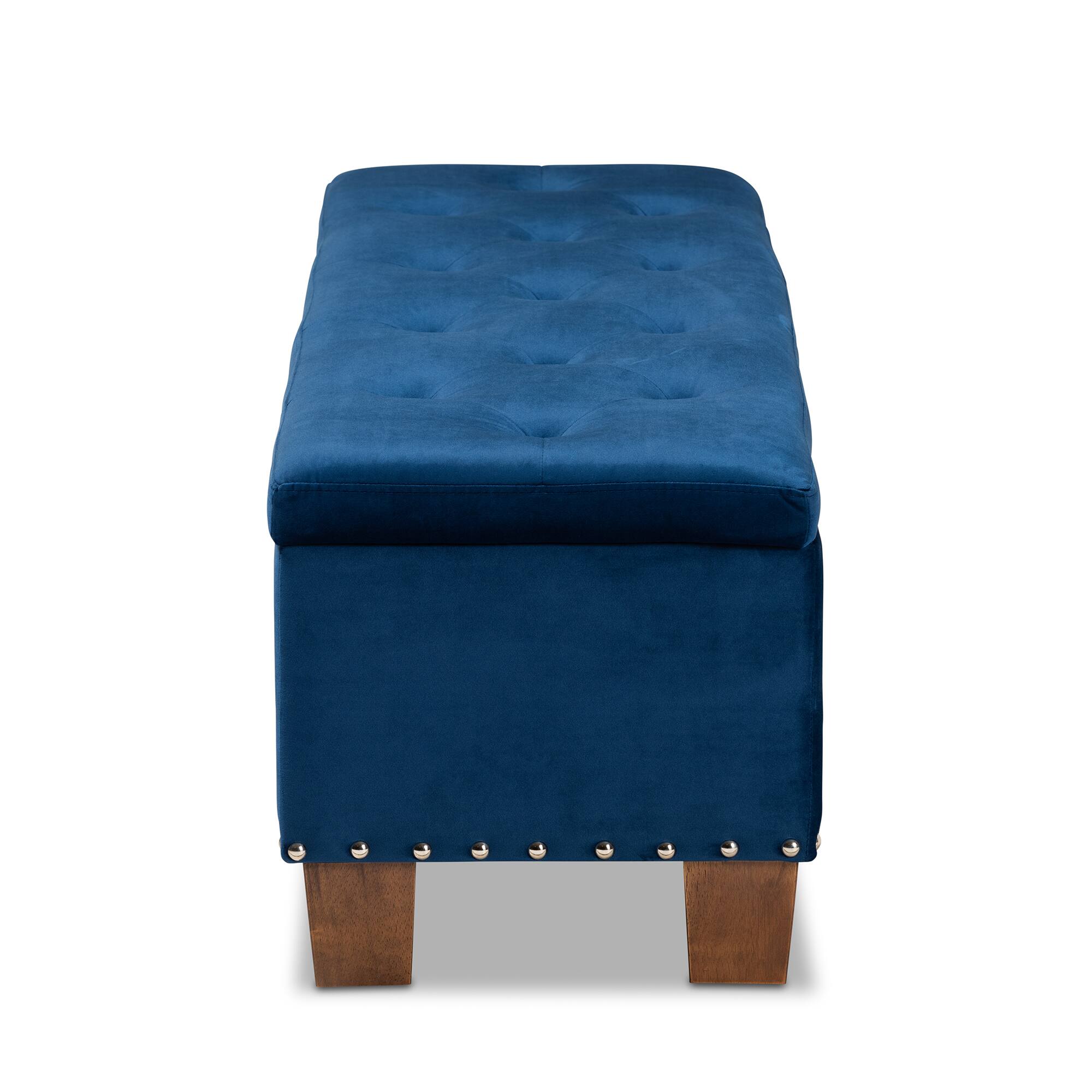 Back. Baxton Studio - Hannah Modern and Contemporary Velvet Fabric Upholstered Button-Tufted Storage Ottoman Bench - Navy Blue/Brown.