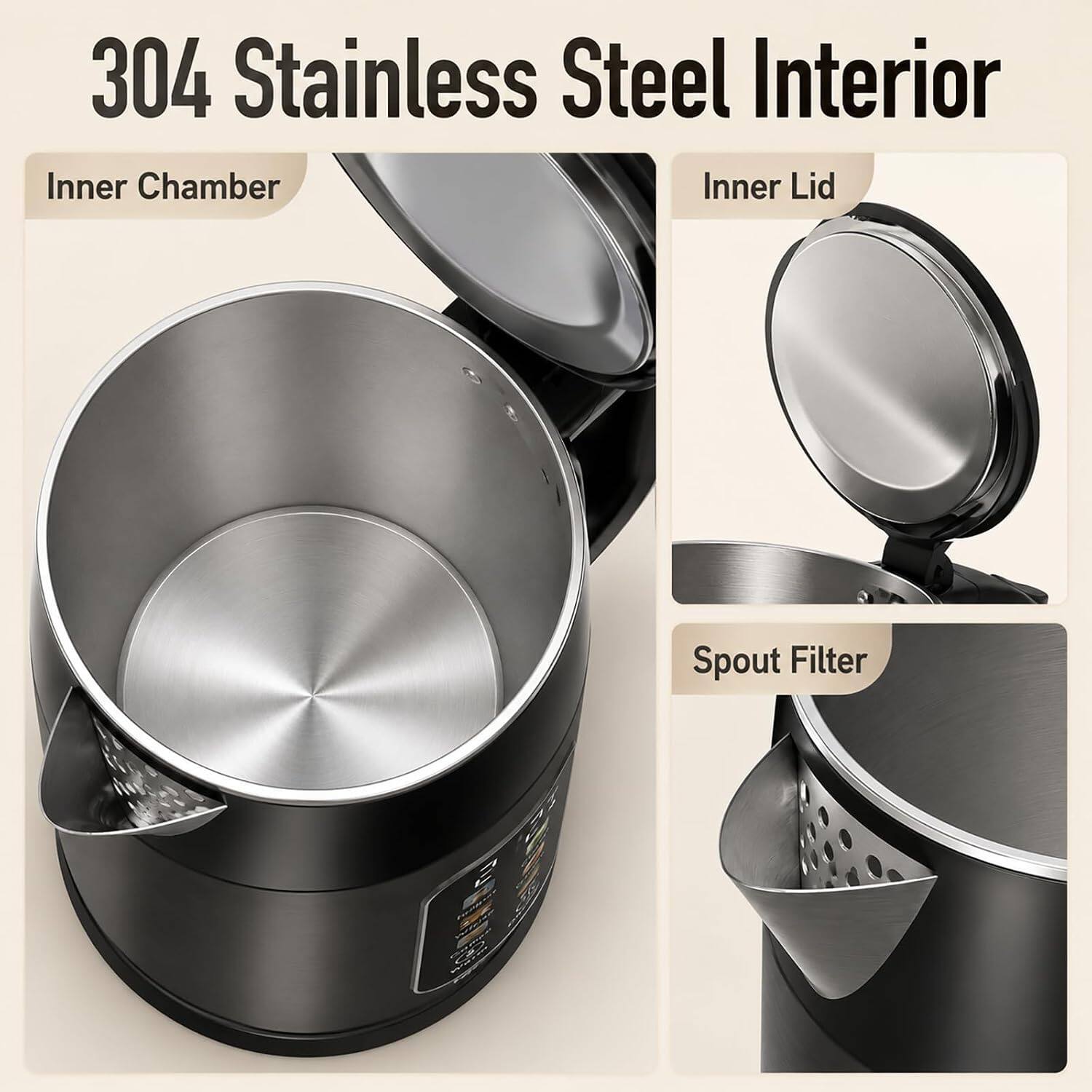 304 Stainless Steel Interior

- Inner Chamber
- Inner Lid
- Spout Filter