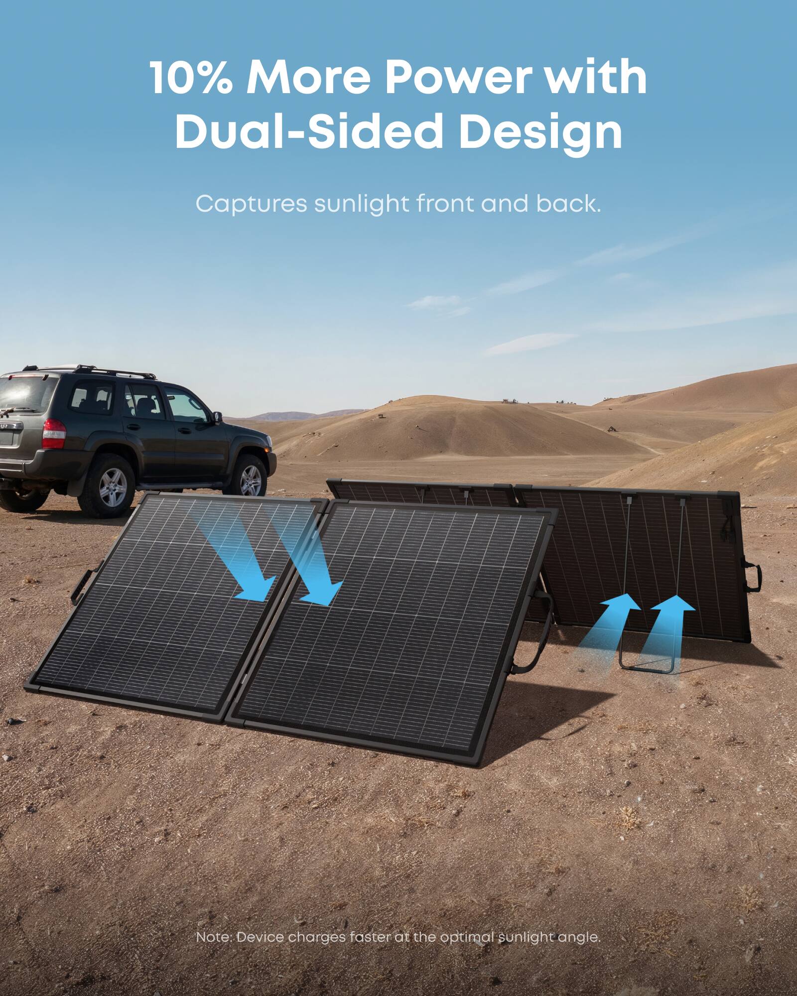 10% More Power with Dual-Sided Design  
Captures sunlight front and back.  
Note: Device charges faster at the optimal sunlight angle.