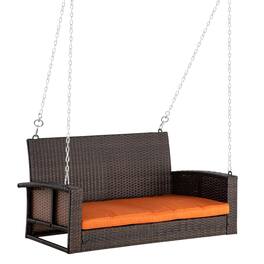 Resenkos - 2-Person Wicker Swing Bench, Outdoor Patio Swing Chair With Cushions, Perfect for Garden, Orange