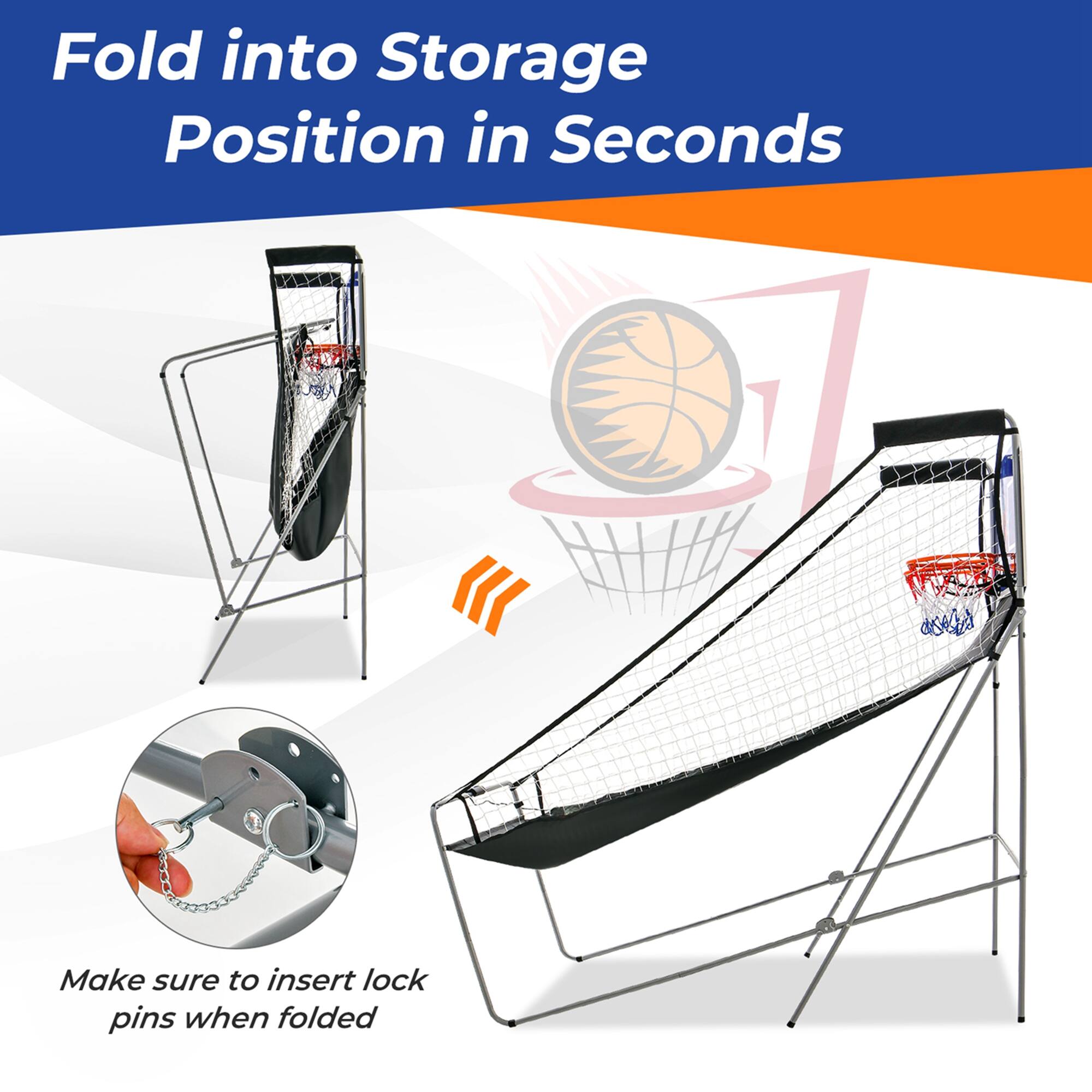 Fold into Storage Position in Seconds: Make sure to insert lock pins when folded.