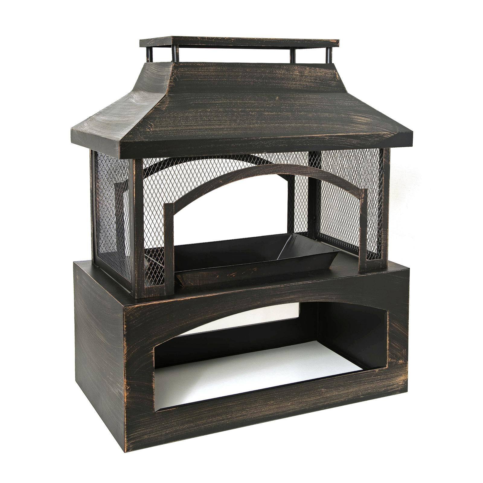 Back. Spaco - 37" Rectangular Metal Outdoor Fireplace, Built-in Log Storage and Poker for Patio Garden - Antique Brass.