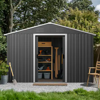 Front. Nuu Garden - 8 x 10 FT Garden Storage Shed Galvanized Sheet Tool Shed with Sliding Doors - Dark Gray.