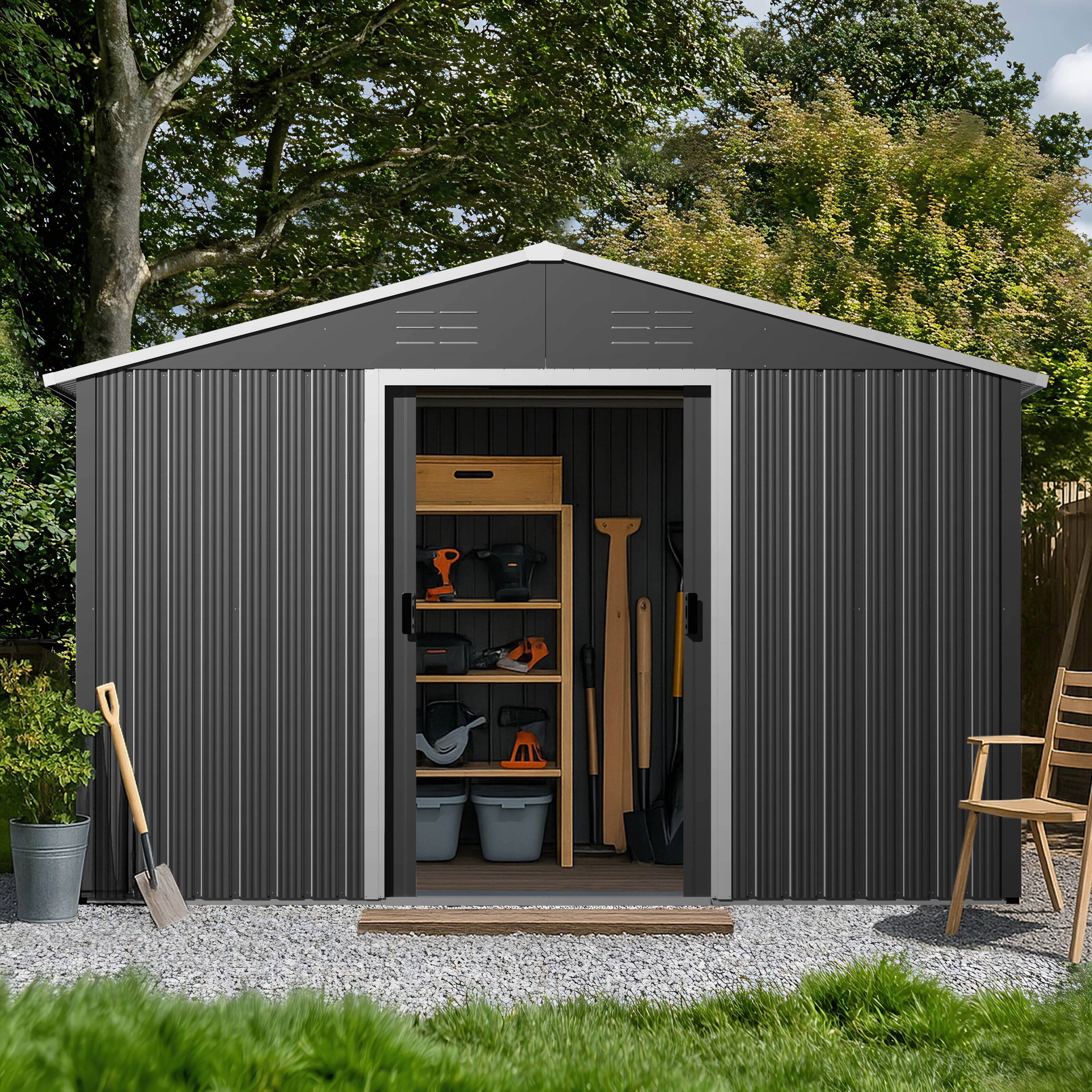 Front. Nuu Garden - 8 x 10 FT Garden Storage Shed Galvanized Sheet Tool Shed with Sliding Doors - Dark Gray.
