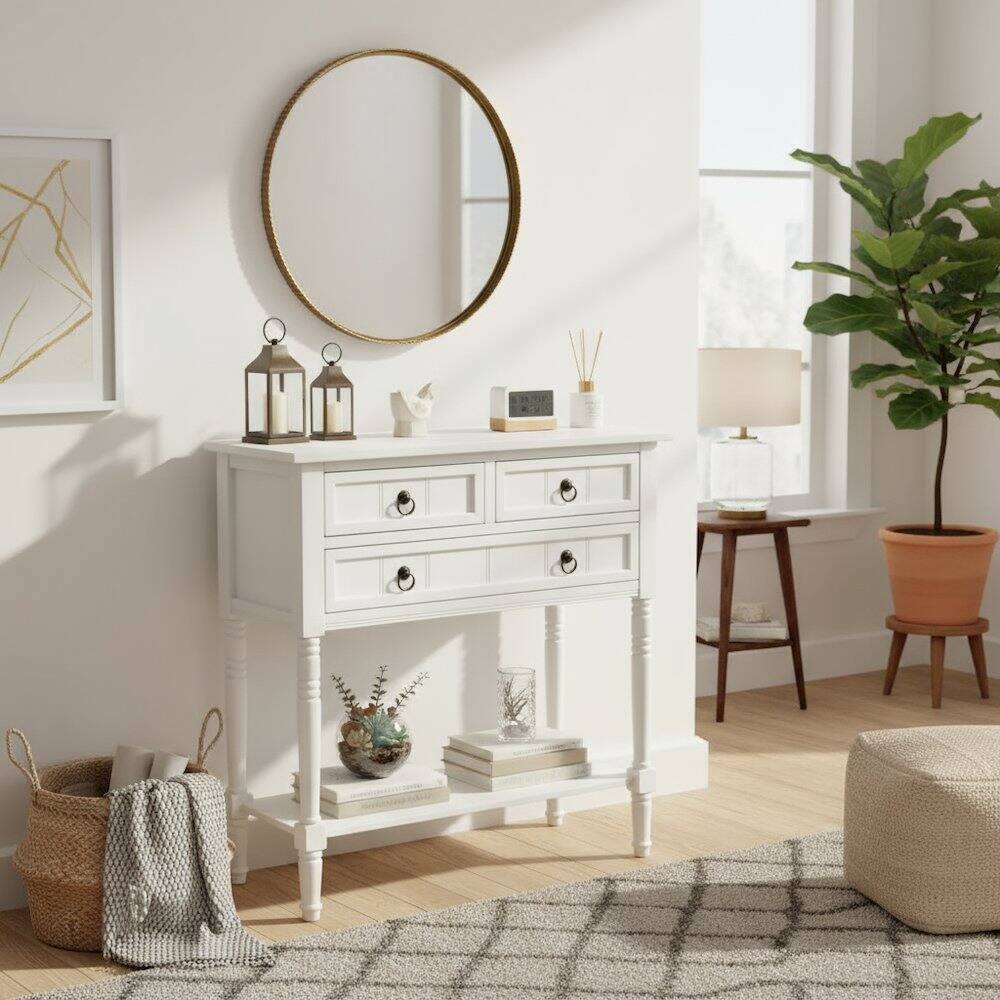 Alt View 5. FurniFact - Kendra Hall Table with 3 Drawers and 2 Shelves - White.