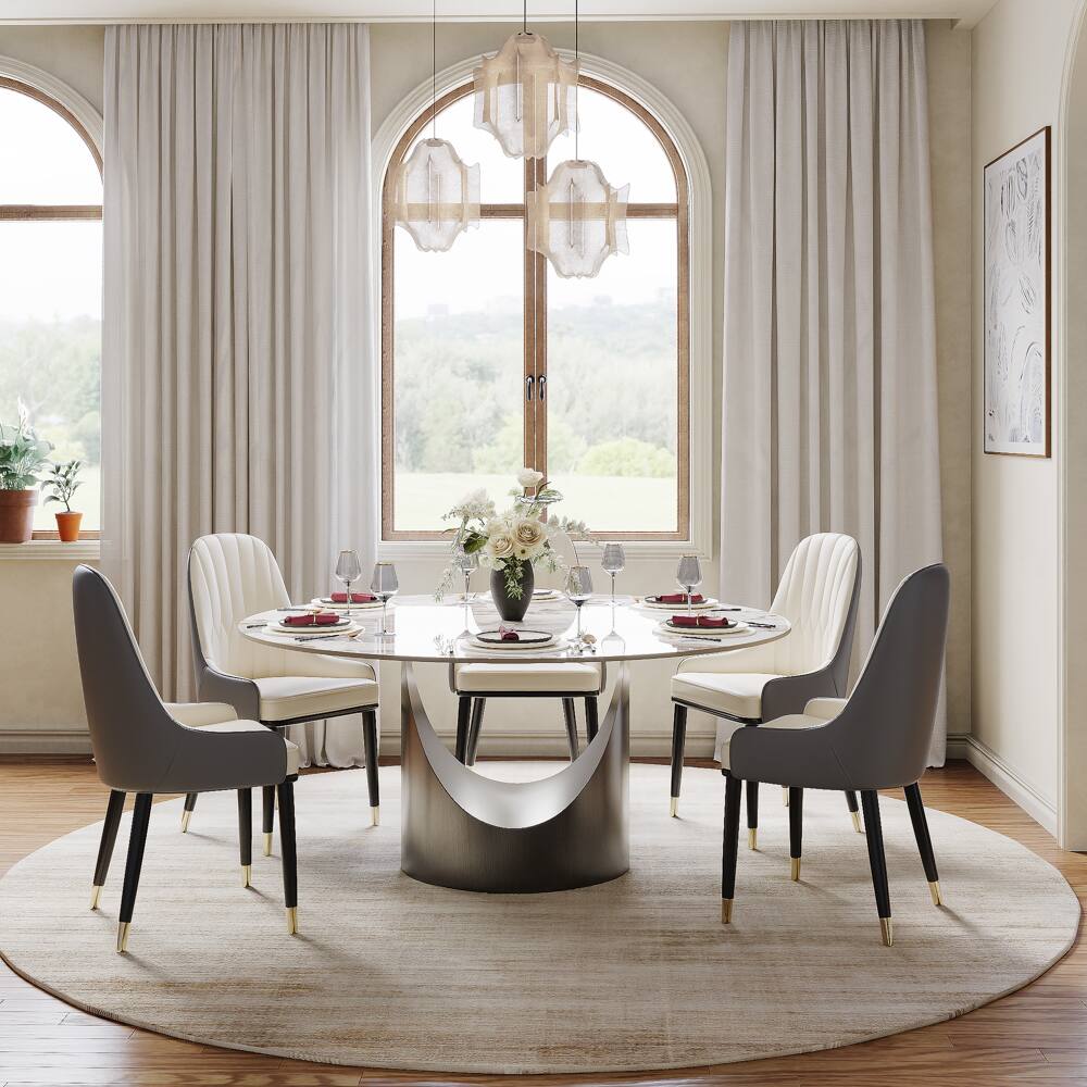 Angle. POVISON - 59" Round Pandora Glossy Sintered Stone Dining Table with U-shaped Gray Steel Base - Pandora with Gray.