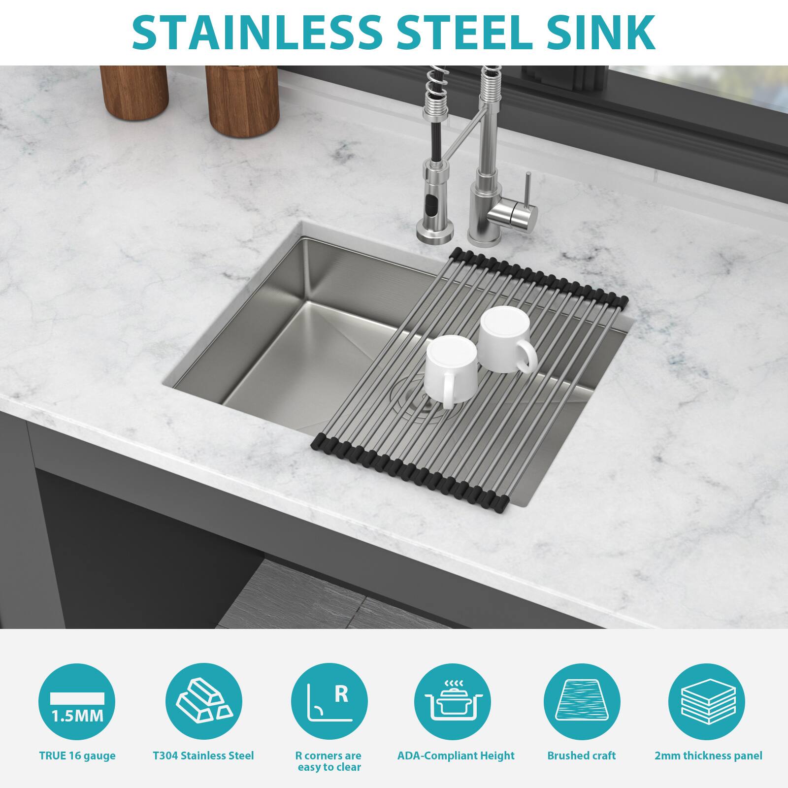 STAINLESS STEEL SINK

- 1.5MM
- TRUE 16 gauge
- T304 Stainless Steel
- R corners are easy to clear
- ADA-Compliant Height
- Brushed craft
- 2mm thickness panel