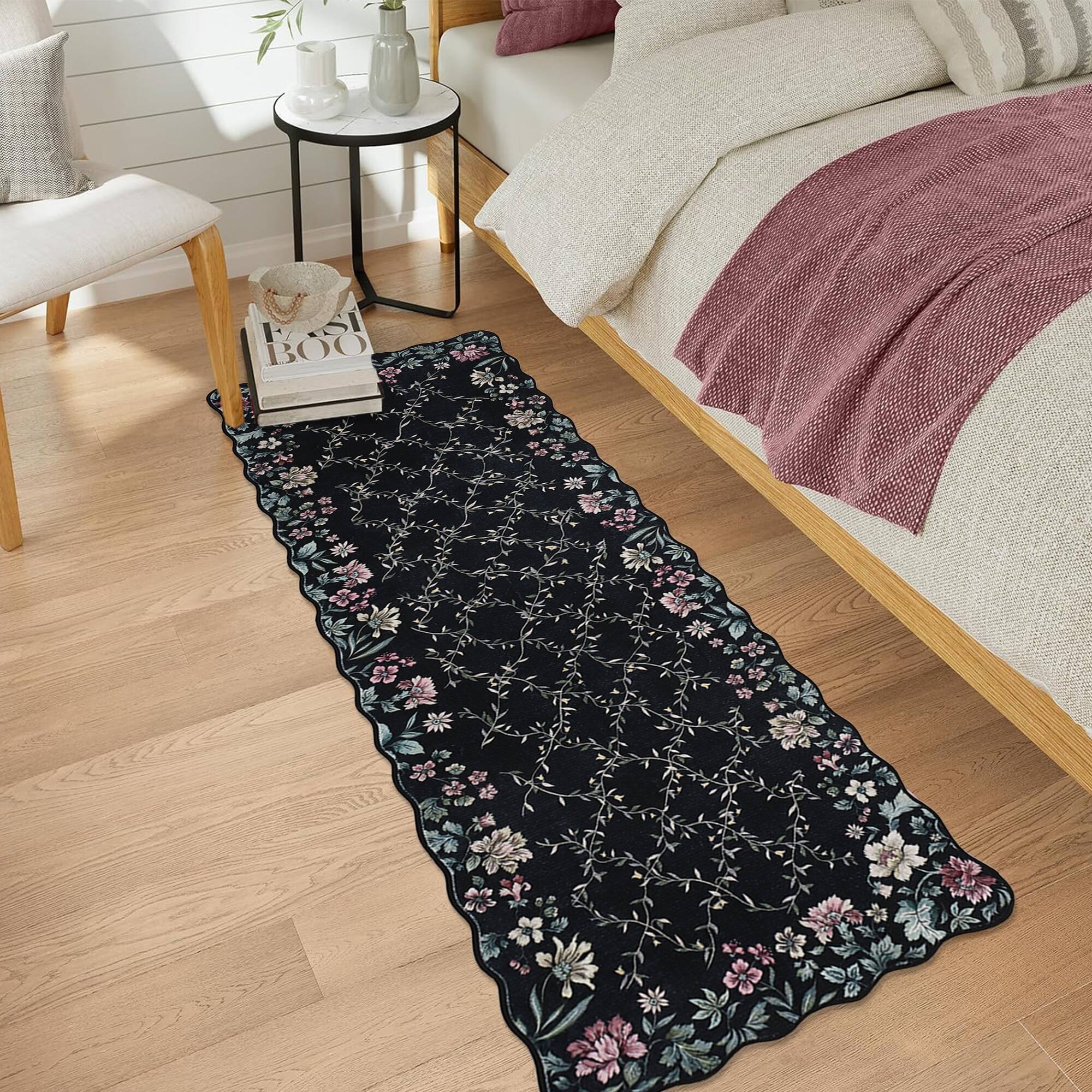 Back. Acekool - Floral Irregular Edge 2'X6' Carpet Indoor Non Slip Washable Boho Vintage Entry Rug Low Pile Throw Rugs for Entryway - Black.