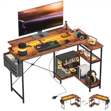 Alt View 1. Homcom - 47" Gaming Desk with Power Outlets and LED Lights, Reversible Computer Desk with Monitor Stand - Rustic Brown.