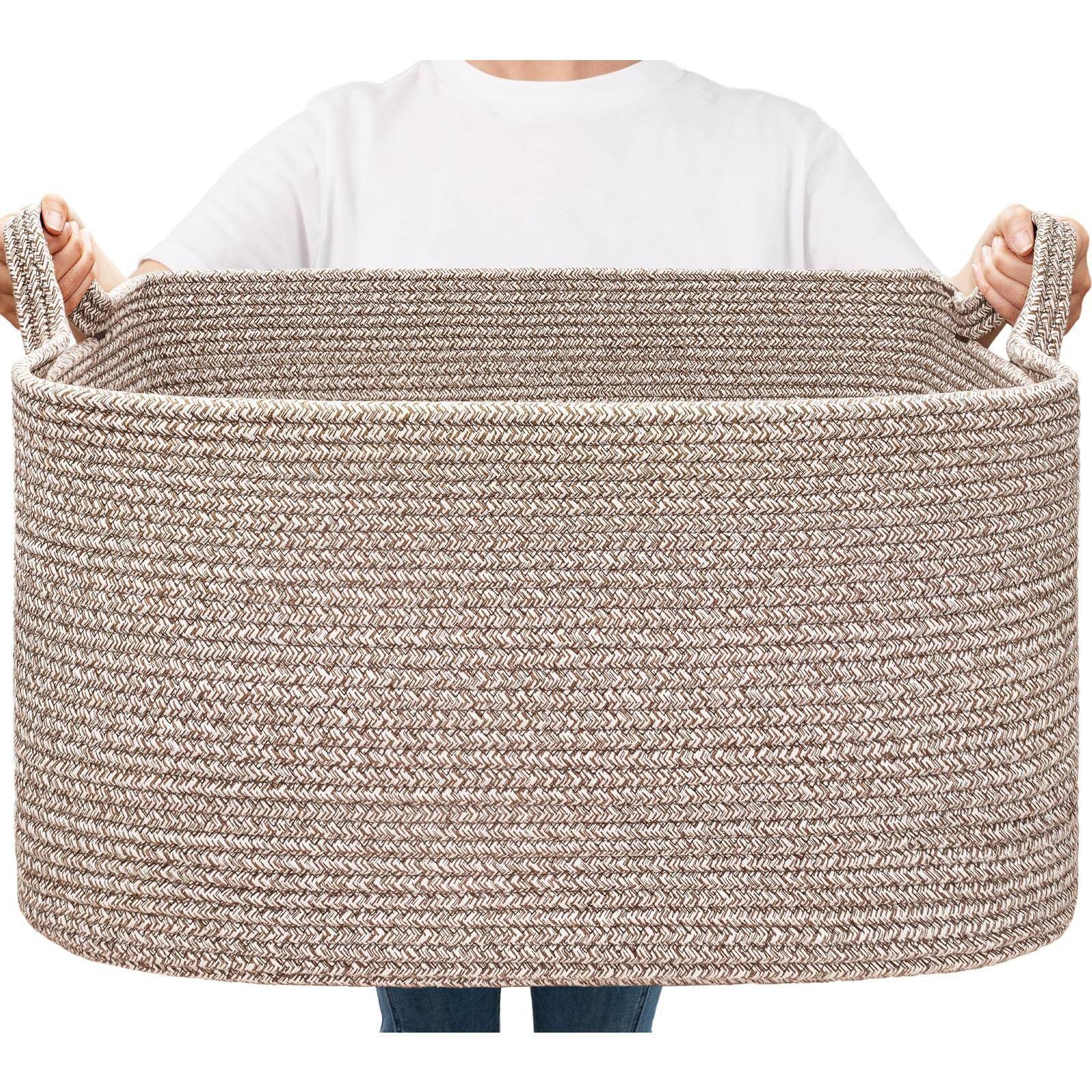 Dapper Styles - Storage Basket Cotton Rope Baskets Bin For Woven With Handle Laundry Living Room Bedroom 21 6" X 14 9" 11 8" - Brown-Large(21.6"L x 14.9"W x 11.8"H)