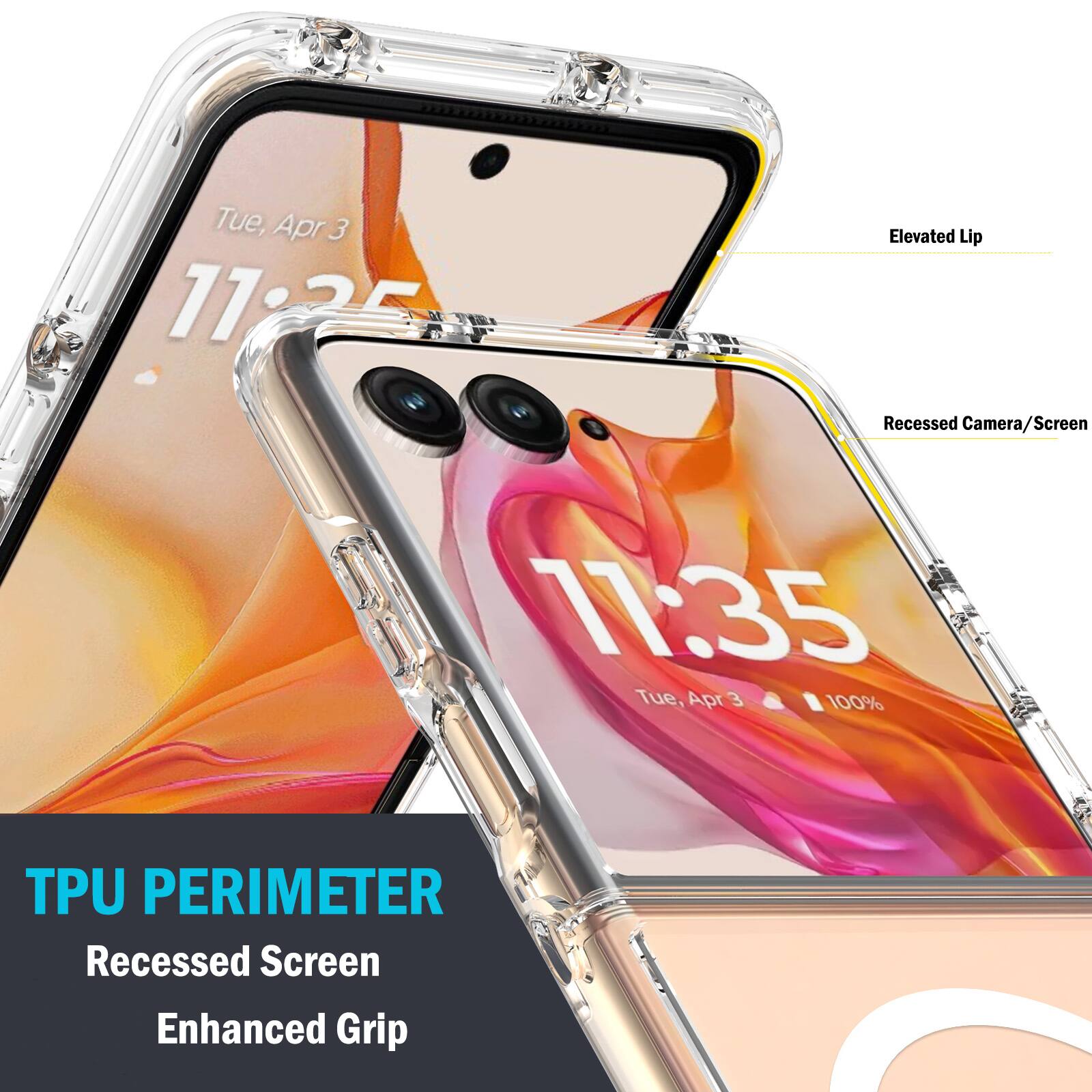 Tue, Apr 3 11:25  
Elevated Lip  
Recessed Camera/Screen  

Tue, Apr 3 100%  
TPU PERIMETER  
Recessed Screen  
Enhanced Grip