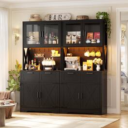 Aheaplus - 71'' Tall Pantry Cabinet with Power Outlets & LED Light, Storage Cabinet with 2 Drawers & DIY Pegboard, 2 Piece Set - Black
