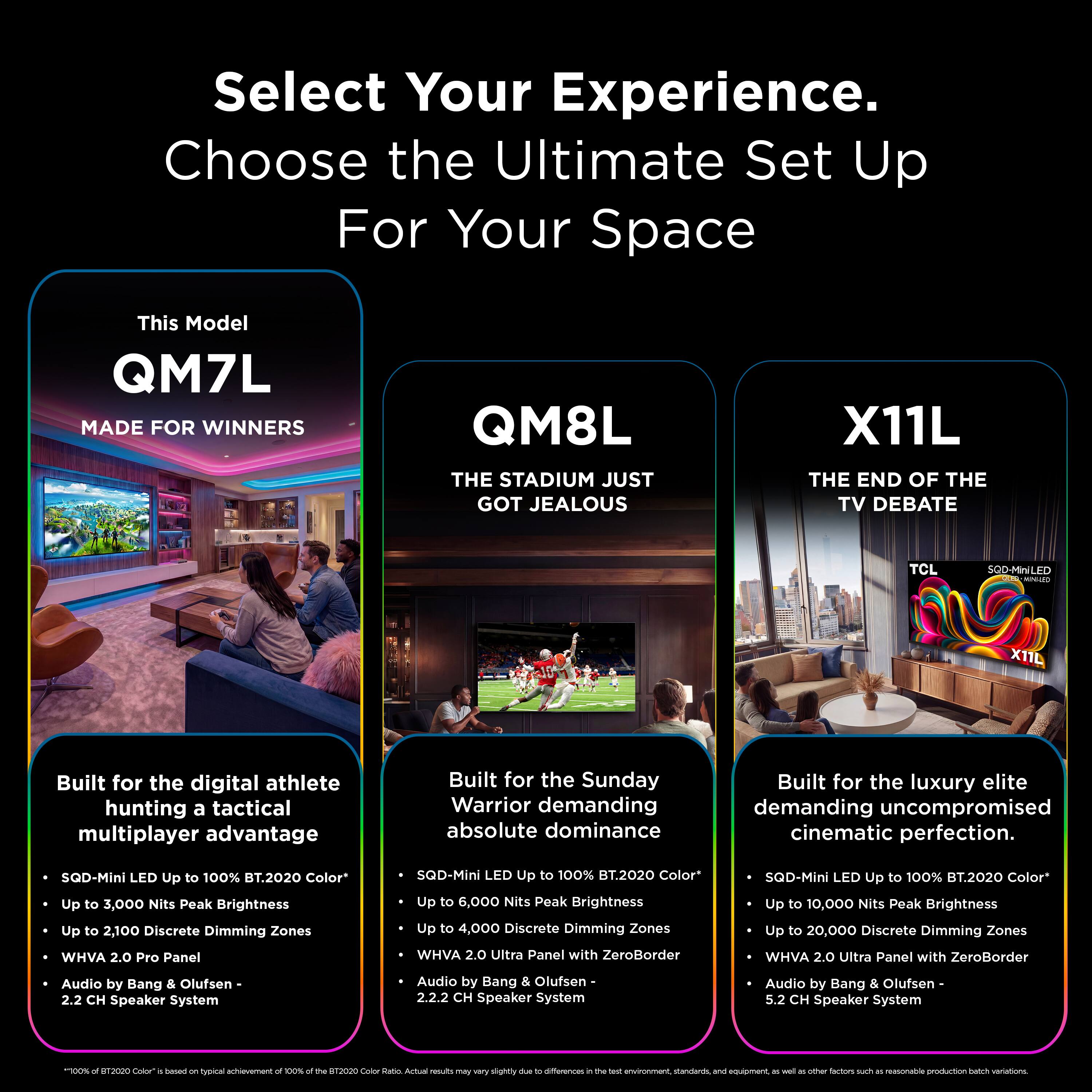 Select Your Experience.  
Choose the Ultimate Set Up For Your Space

This Model  
QM7L  
MADE FOR WINNERS

QM8L  
THE STADIUM JUST GOT JEALOUS

X11L  
THE END OF THE TV DEBATE

TCL  
SQD-Mini LED MIN-LED

Built for the digital athlete hunting a tactical multiplayer advantage  
- SQD-Mini LED Up to 100% BT.2020 Color*  
- Up to 3,000 Nits Peak Brightness  
- Up to 2,100 Discrete Dimming Zones  
- WHVA 2.0 Pro Panel  
- Audio by Bang & Olufsen - 2.2 CH Speaker System

Built for the Sunday Warrior demanding absolute dominance  
- SQD-Mini LED Up to 100% BT.2020 Color*  
- Up to 6,000 Nits Peak Brightness  
- Up to 4,000 Discrete Dimming Zones  
- WHVA 2.0 Ultra Panel with ZeroBorder  
- Audio by Bang & Olufsen - 2.2.2 CH Speaker System

Built for the luxury elite