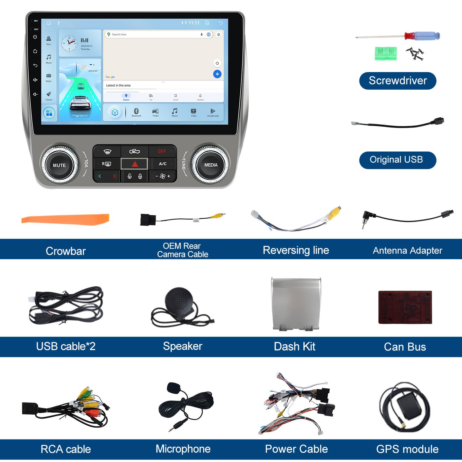 I. 011:11 - a F IJI - Soacck - L - the - Screwdriver - PO0116 MUTE VOL i OFF A/C MFDIA Original USB K Crowbar OEM Rear Camera Cable Reversing line Antenna Adapter USB cable*2 Speaker Dash Kit Can Bus RCA cable Microphone Power Cable GPS module
