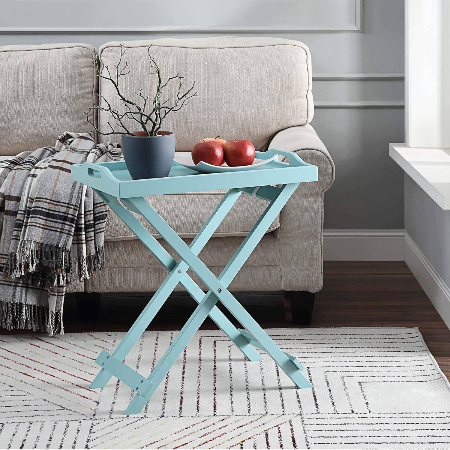 Left. SlickBlue - Folding TV Tray Table in Seafoam Wood Finish for Bedside or Living Room - Light Blue.