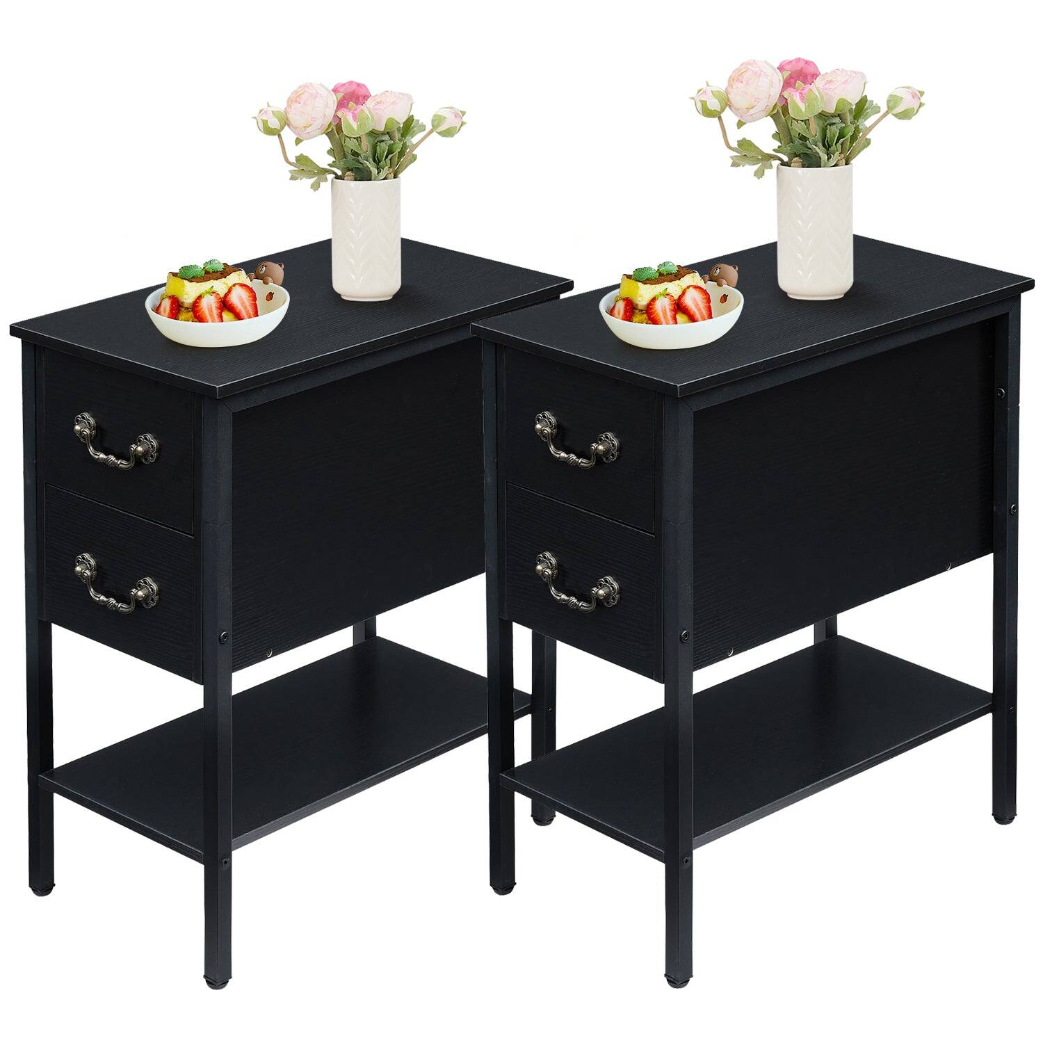 Front. Vecelo - Set of 2 Industrial Nightstand with 2 Drawers-Narrow End Table with Metal Frame, 11.8" Thin Side Table for Small Spaces - Black.