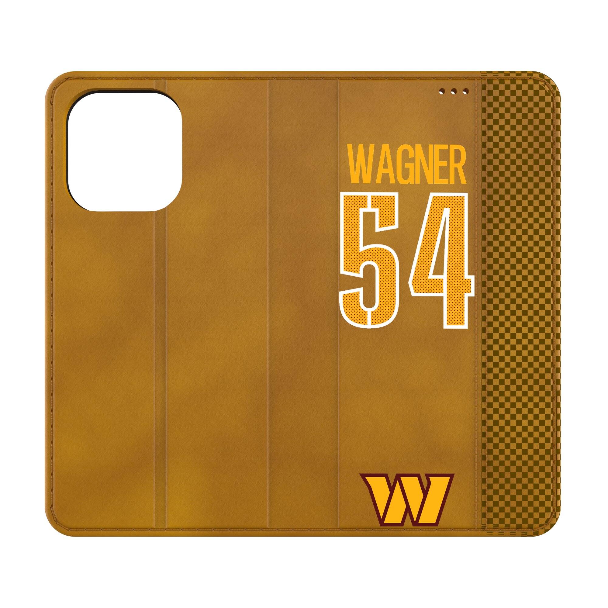 Front. Keyscaper - Bobby Wagner Brown Washington Commanders Folio iPhone Case - 13 Pro - Brown.