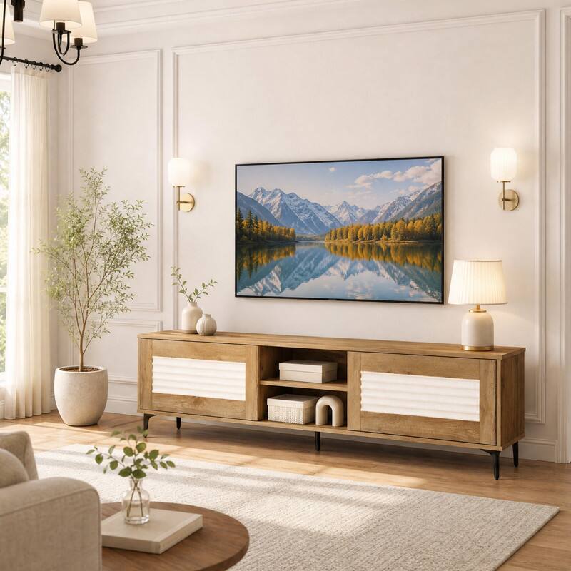 Angle. WELLFOR - Waveform Fluted TV Stand for TVs up to 70", Entertainment Center Media Console Table with Door & Open Shelf - Oak.