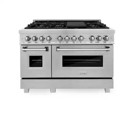 Front. ZLINE - 48 in. Wide 7 Burner 6.0 cu. ft. Legacy Dual Fuel Range with Gas Cooktop and 2 Electric Ovens in Satin Stainless Steel - Stainless Steel.