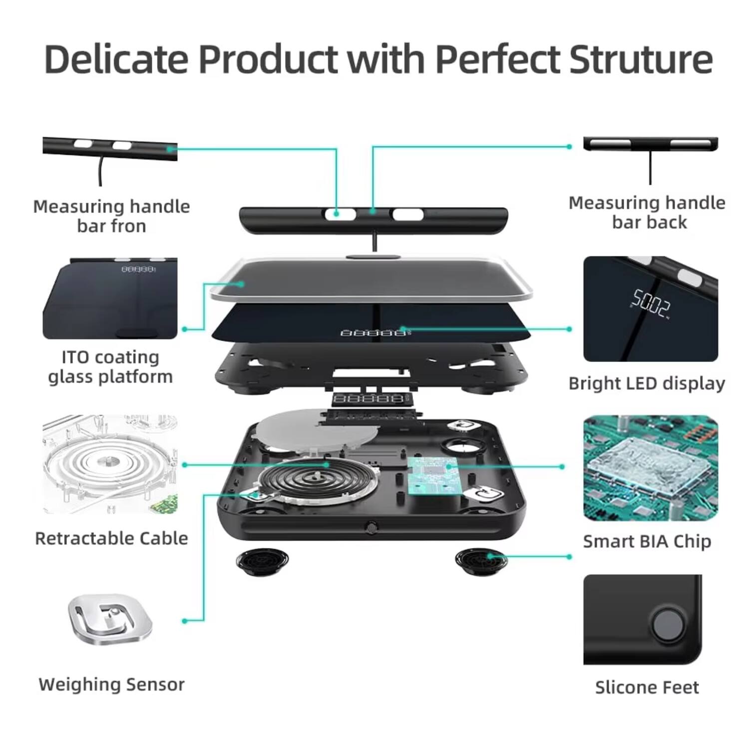 Delicate Product with Perfect Structure

- Measuring handle bar front
- Measuring handle bar back
- ITO coating glass platform
- Bright LED display
- Retractable Cable
- Smart BIA Chip
- Weighing Sensor
- Silicone Feet
